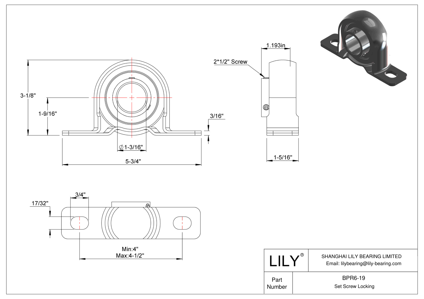 BPR6-19 Pillow Block Bearing Set Screw Locking cad drawing