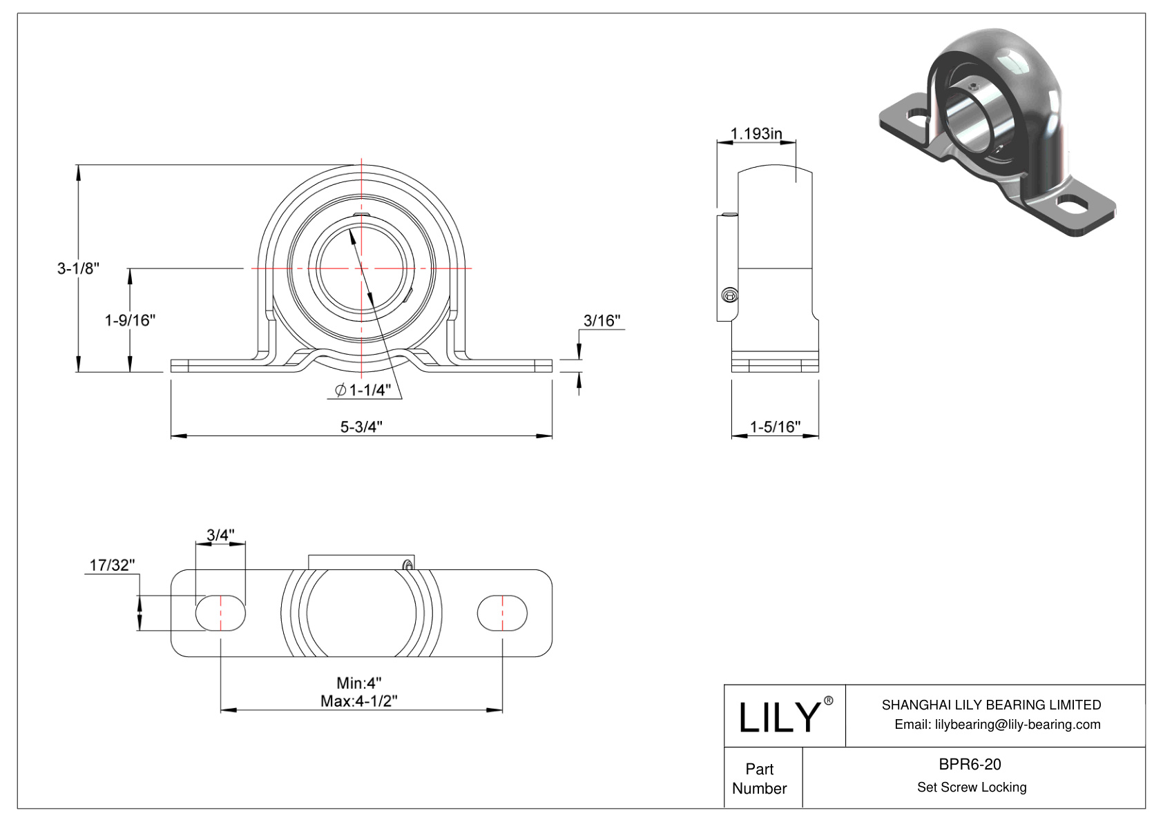 BPR6-20 Pillow Block Bearing Set Screw Locking cad drawing