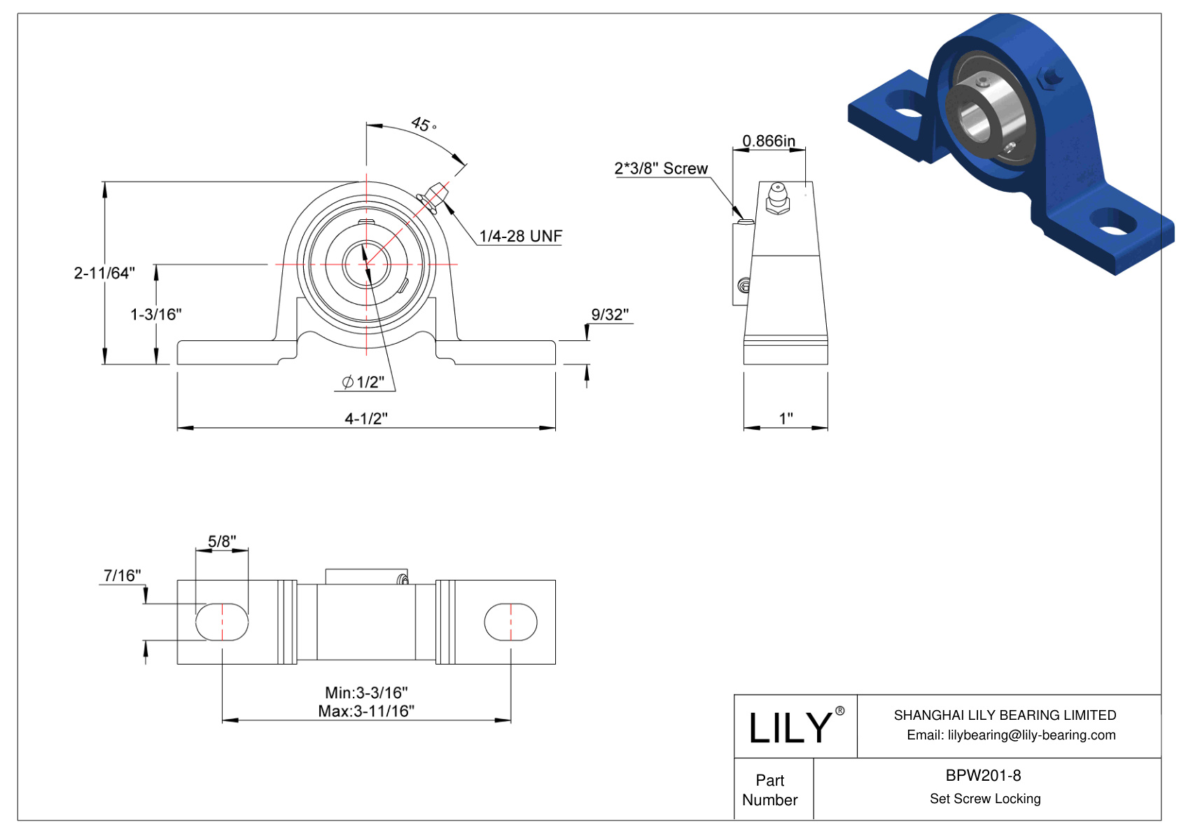 BPW201-8 Tornillo de fijación de rodamientos Pillow Block cad drawing