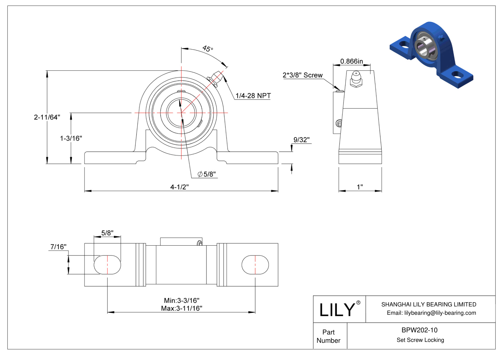 BPW202-10 Pillow Block Bearing Set Screw Locking cad drawing