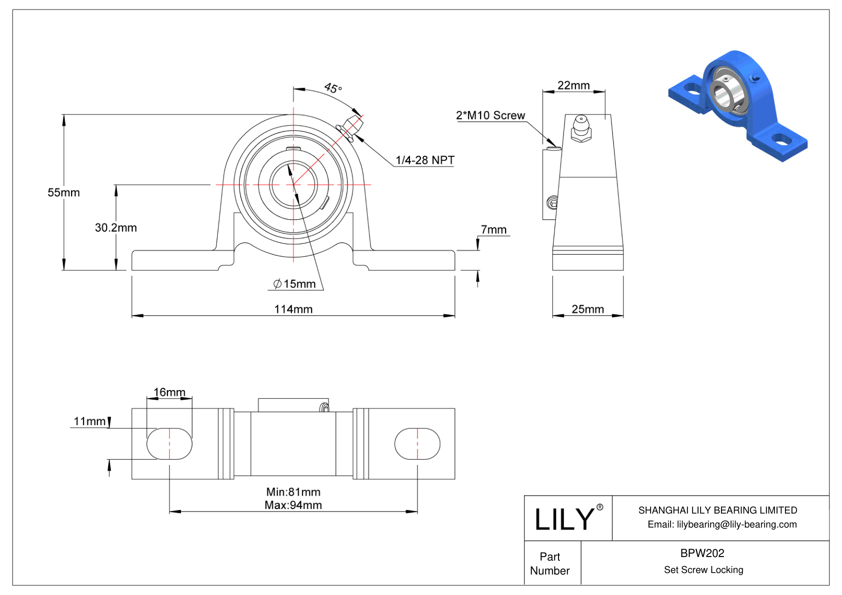 BPW202 Tornillo de fijación de rodamientos Pillow Block cad drawing