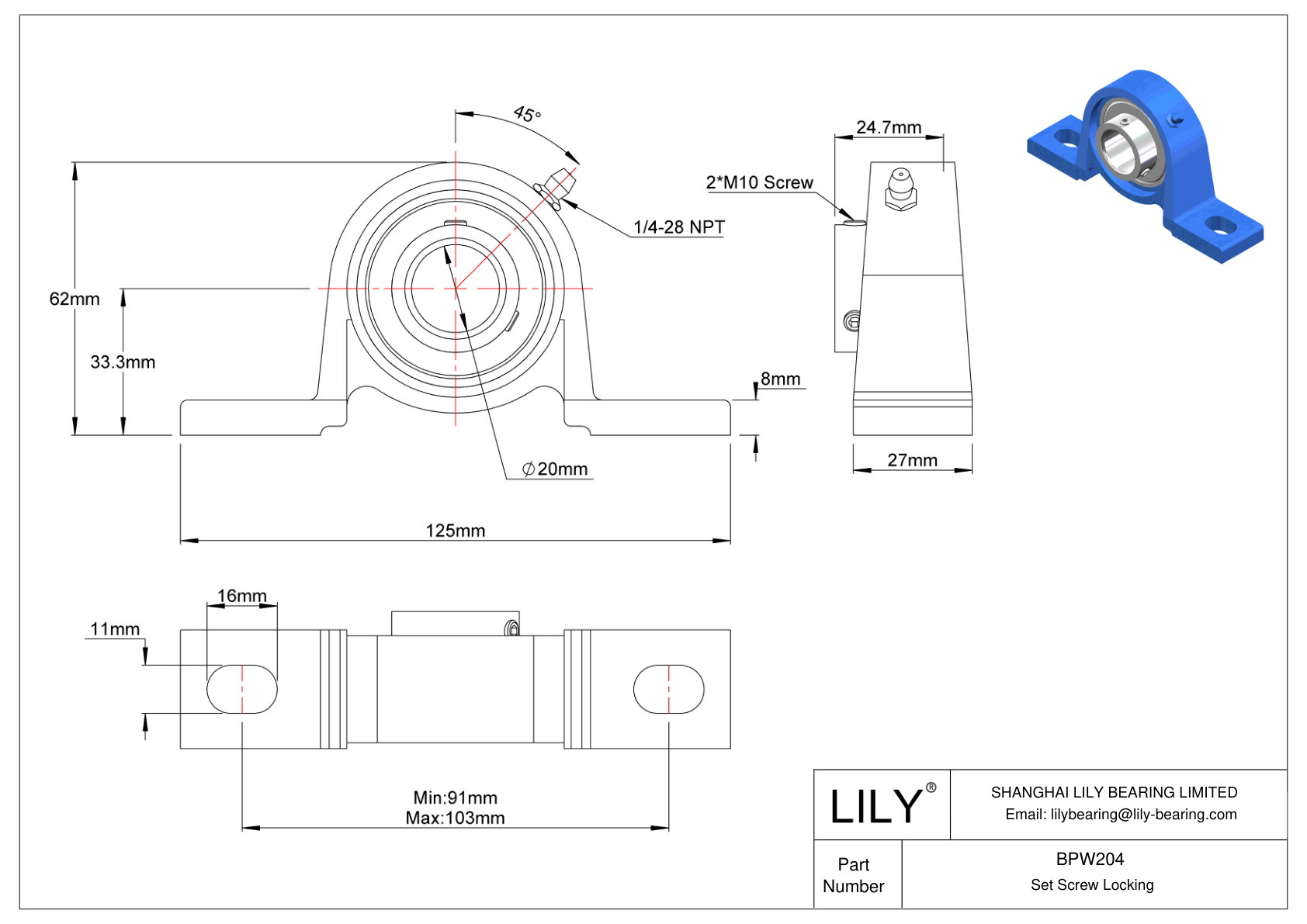 BPW204 Pillow Block Bearing Set Screw Locking cad drawing