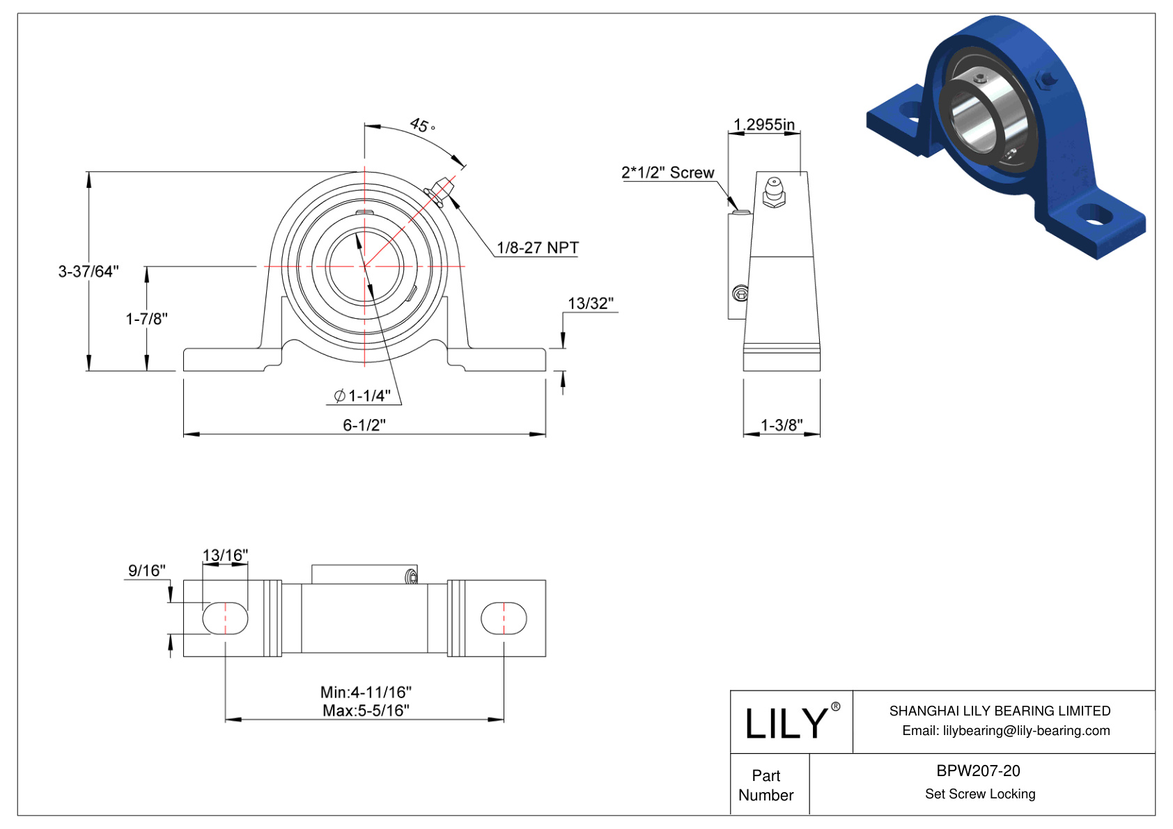 BPW207-20 Tornillo de fijación de rodamientos Pillow Block cad drawing