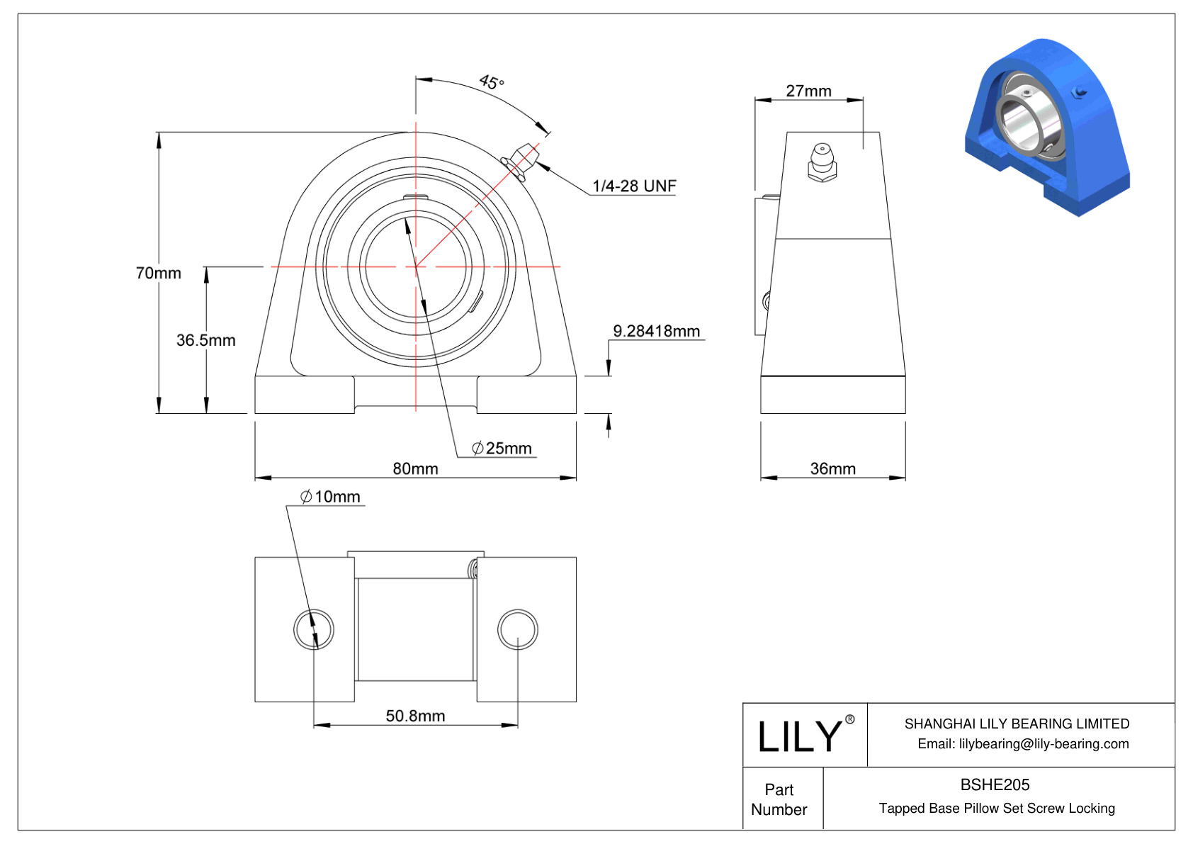 BSHE205 Tapped Base Pillow Set Screw Locking cad drawing