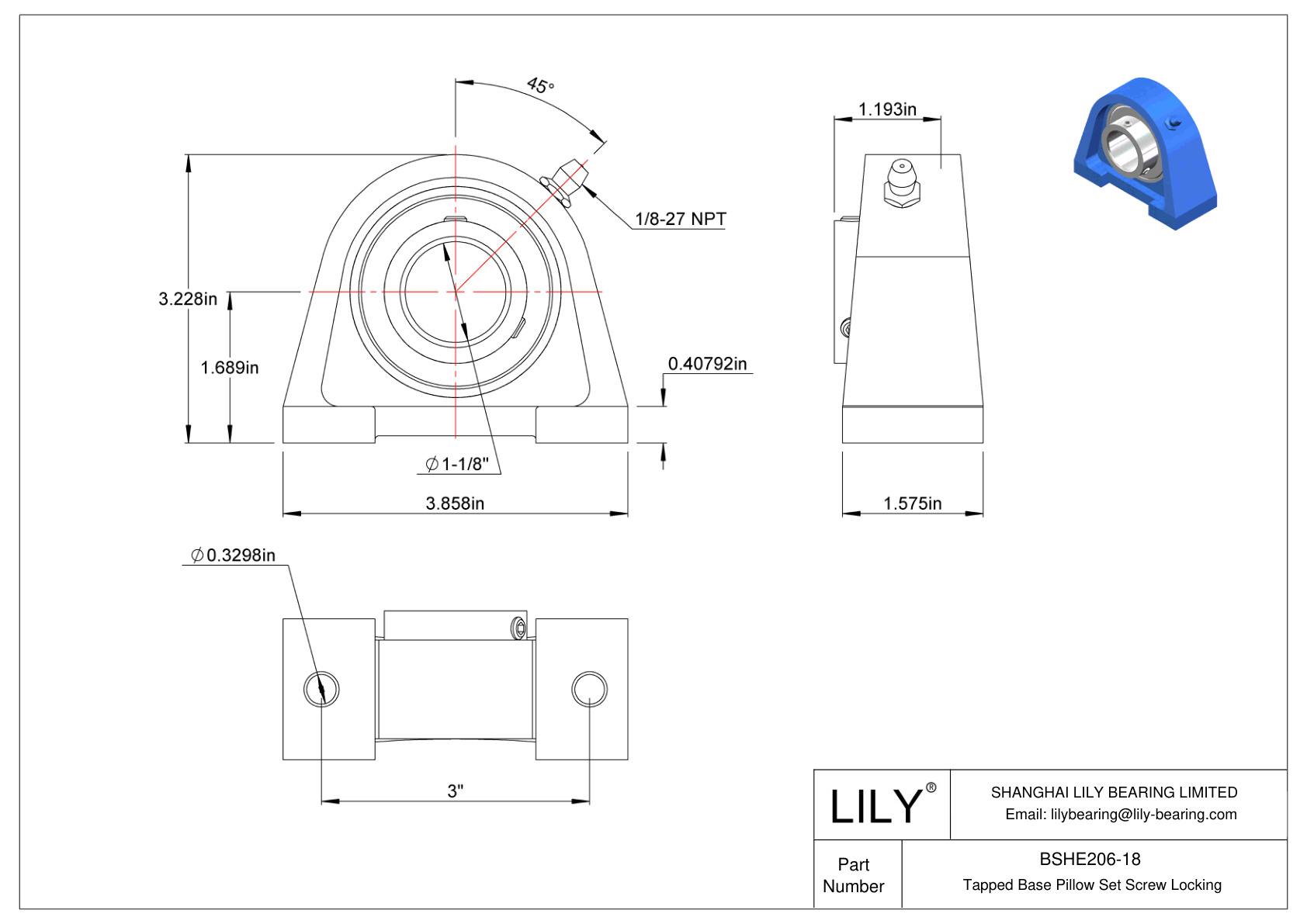 BSHE206-18 Tapped Base Pillow Set Screw Locking cad drawing