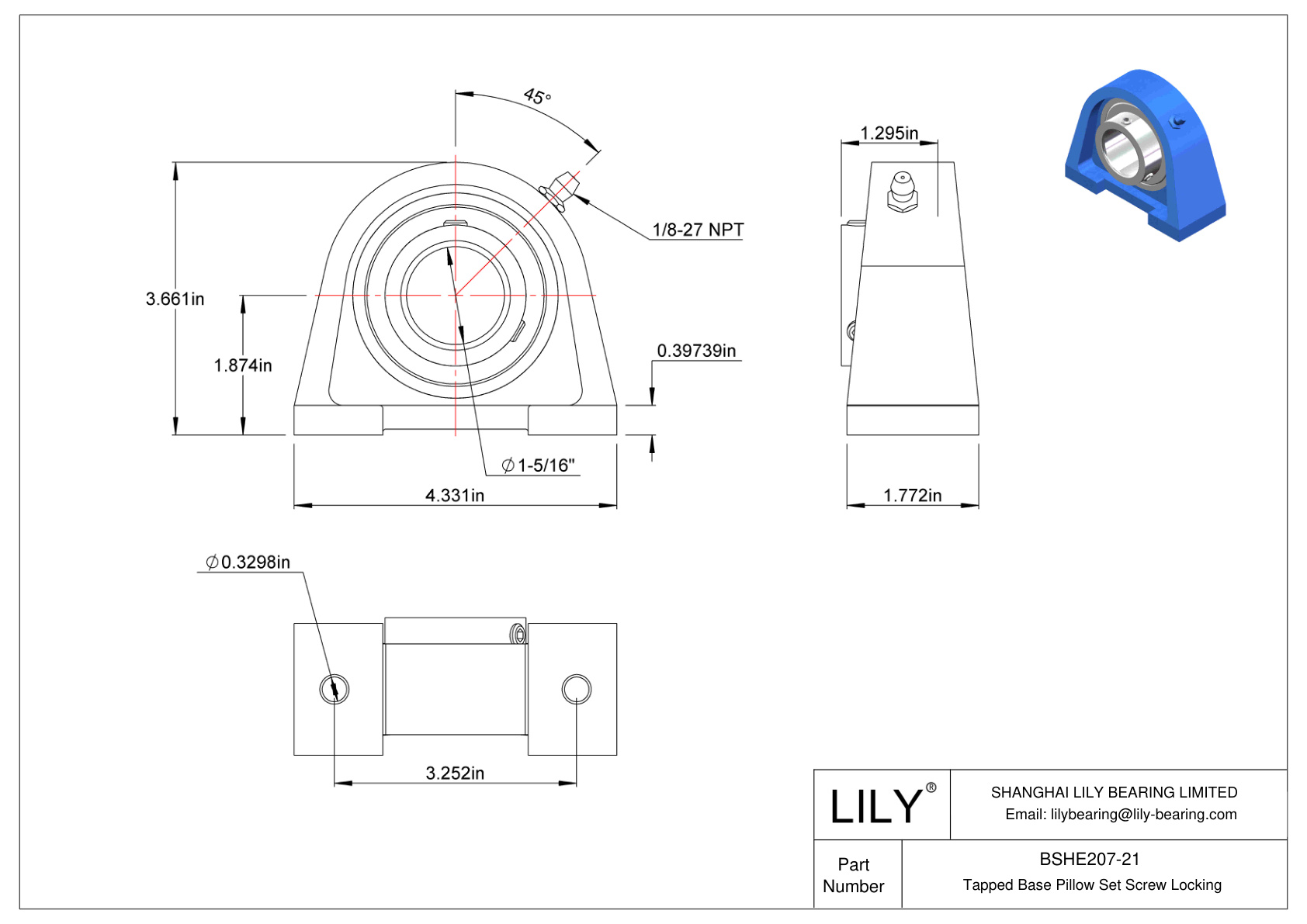 BSHE207-21 Tapped Base Pillow Set Screw Locking cad drawing