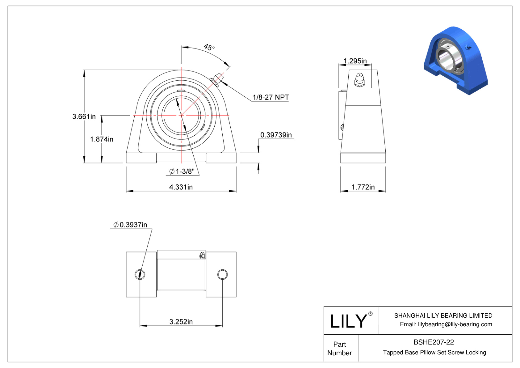 BSHE207-22 Tapped Base Pillow Set Screw Locking cad drawing