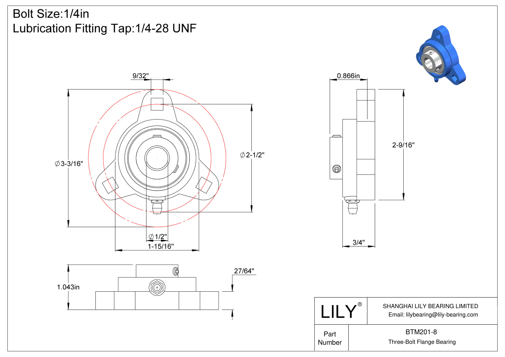 BTM201-8 Three-Bolt Flange Bearing Set Screw Locking cad drawing