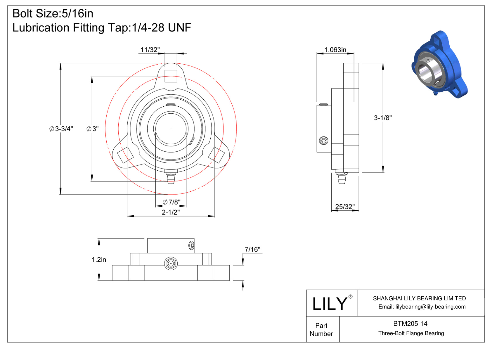 BTM205-14 Tornillo de fijación del cojinete de brida de tres pernos cad drawing