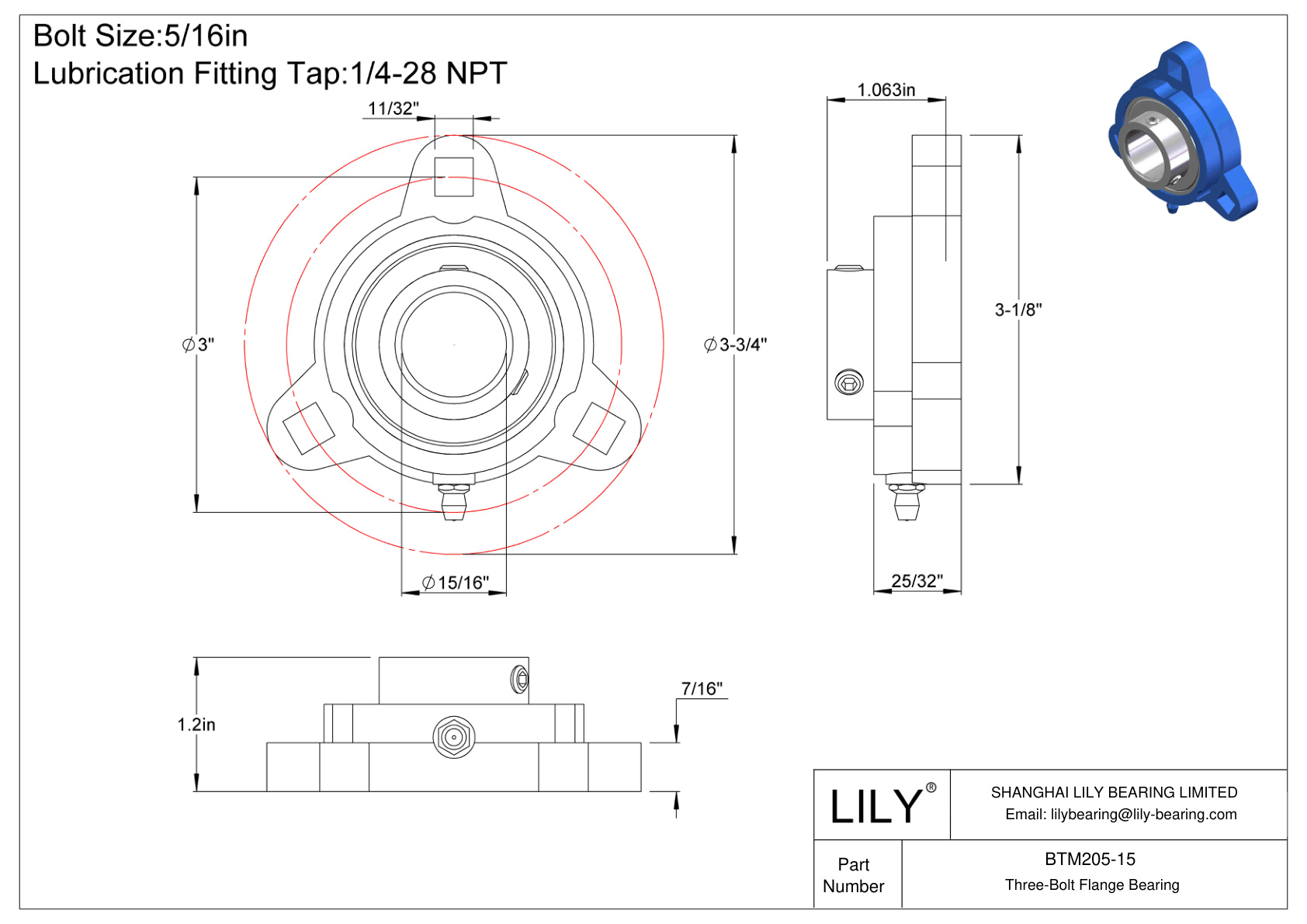 BTM205-15 Three-Bolt Flange Bearing Set Screw Locking cad drawing