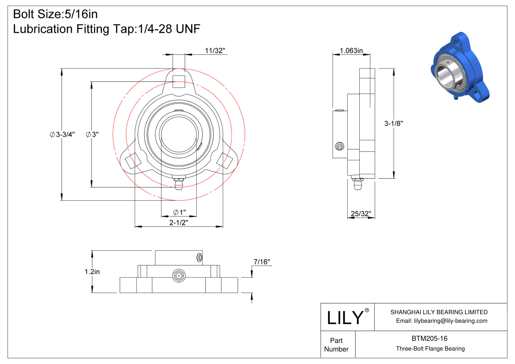 BTM205-16 Three-Bolt Flange Bearing Set Screw Locking cad drawing