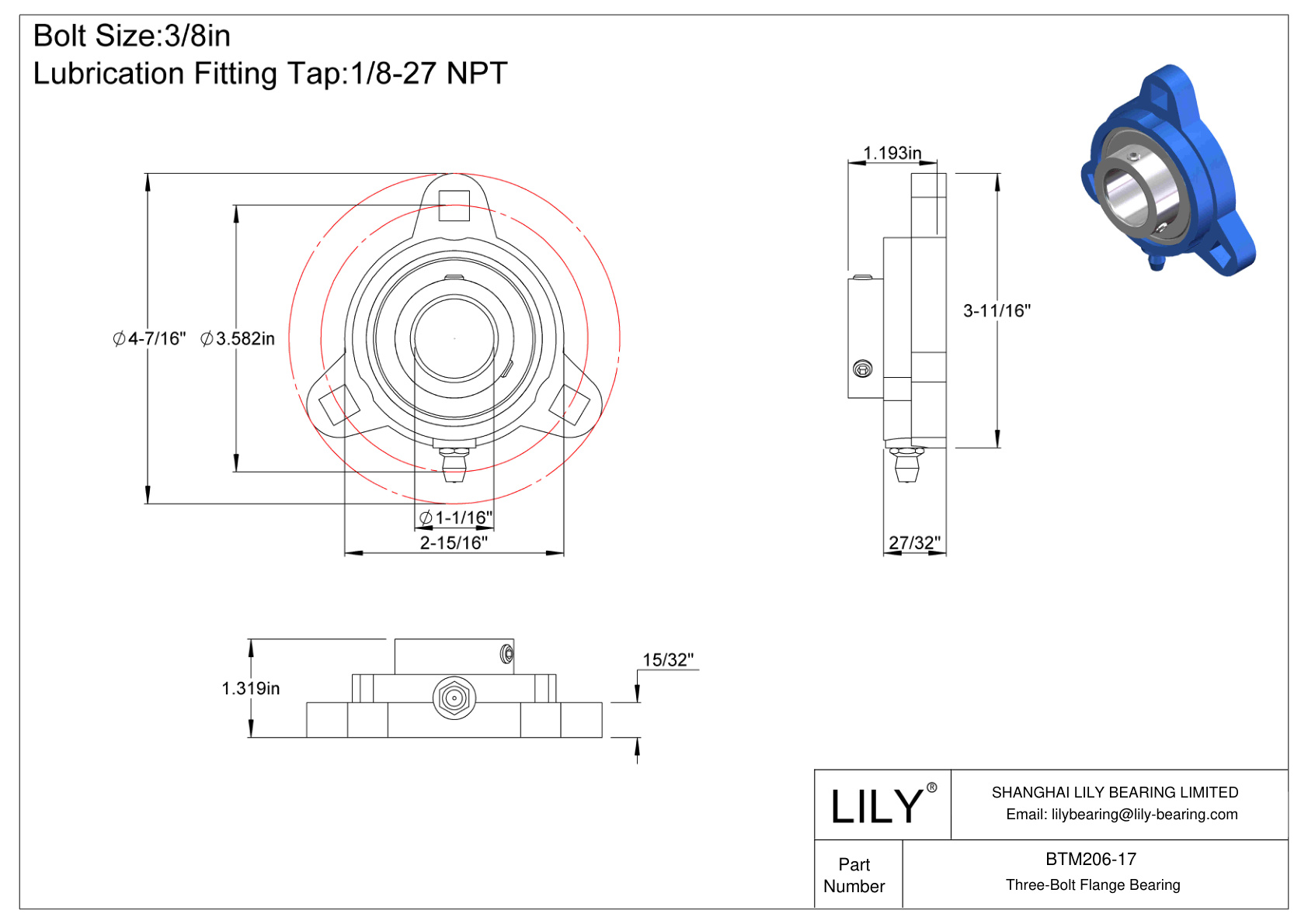 BTM206-17 Tornillo de fijación del cojinete de brida de tres pernos cad drawing