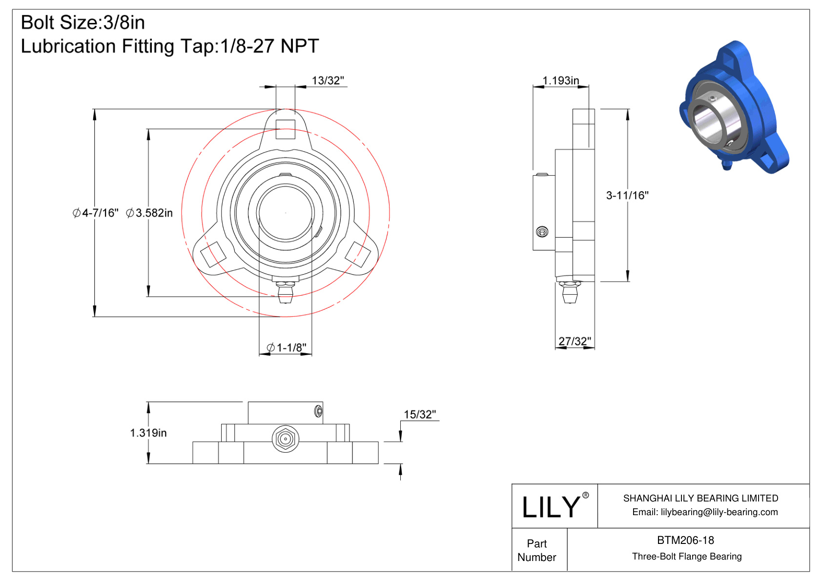 BTM206-18 Tornillo de fijación del cojinete de brida de tres pernos cad drawing