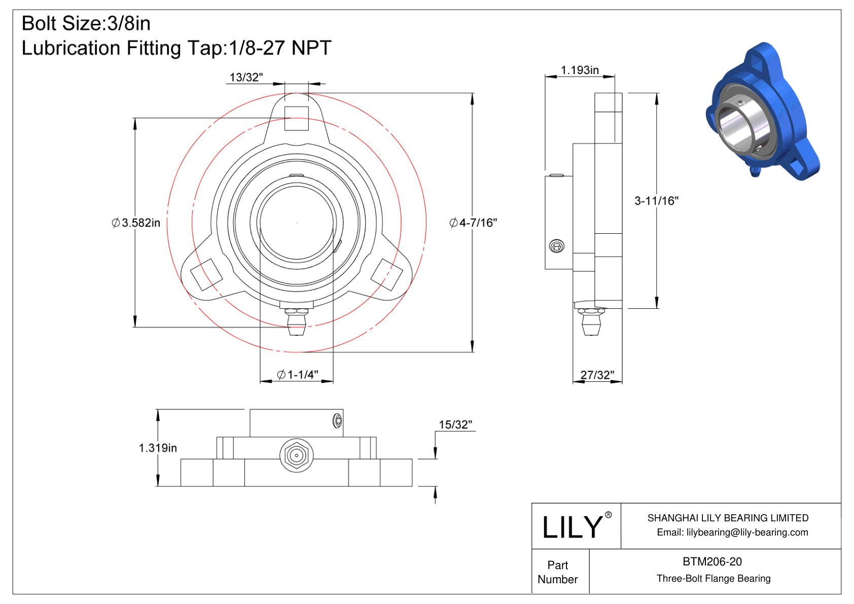 BTM206-20 三螺栓法兰轴承固定螺钉锁定 cad drawing