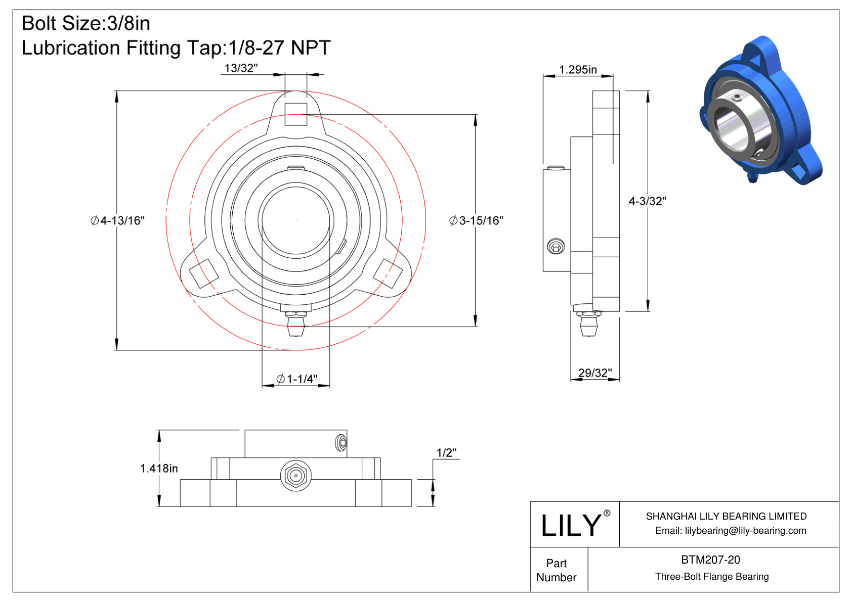 BTM207-20 Three-Bolt Flange Bearing Set Screw Locking cad drawing