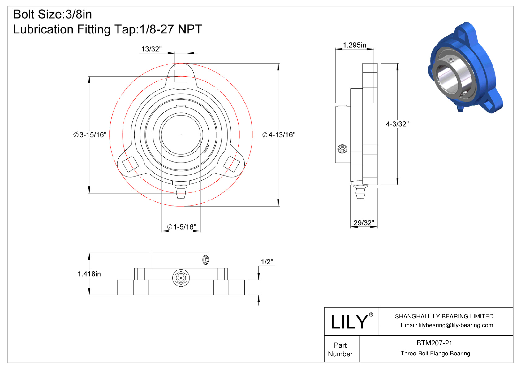 BTM207-21 Three-Bolt Flange Bearing Set Screw Locking cad drawing