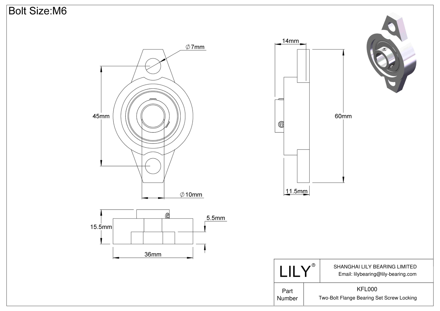 KFL000 Two-Bolt Flange Bearing Set Screw Locking cad drawing