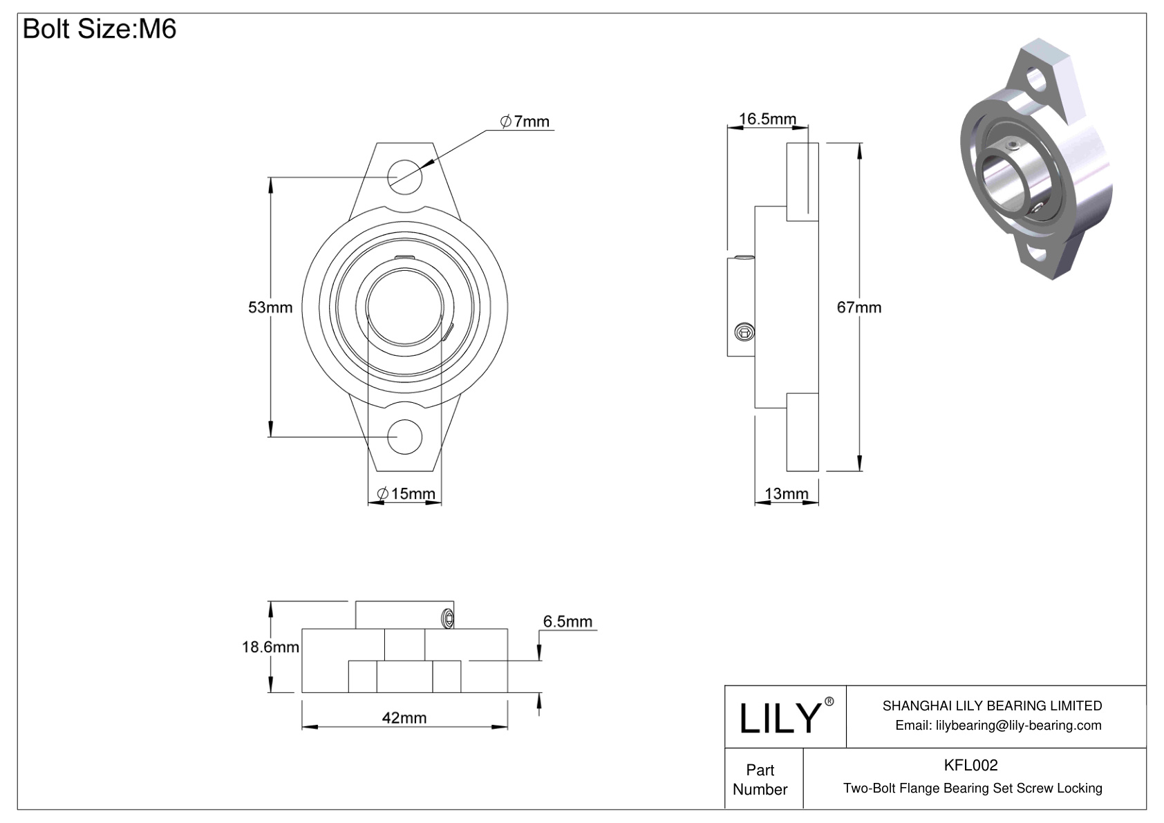 KFL002 Two-Bolt Flange Bearing Set Screw Locking cad drawing