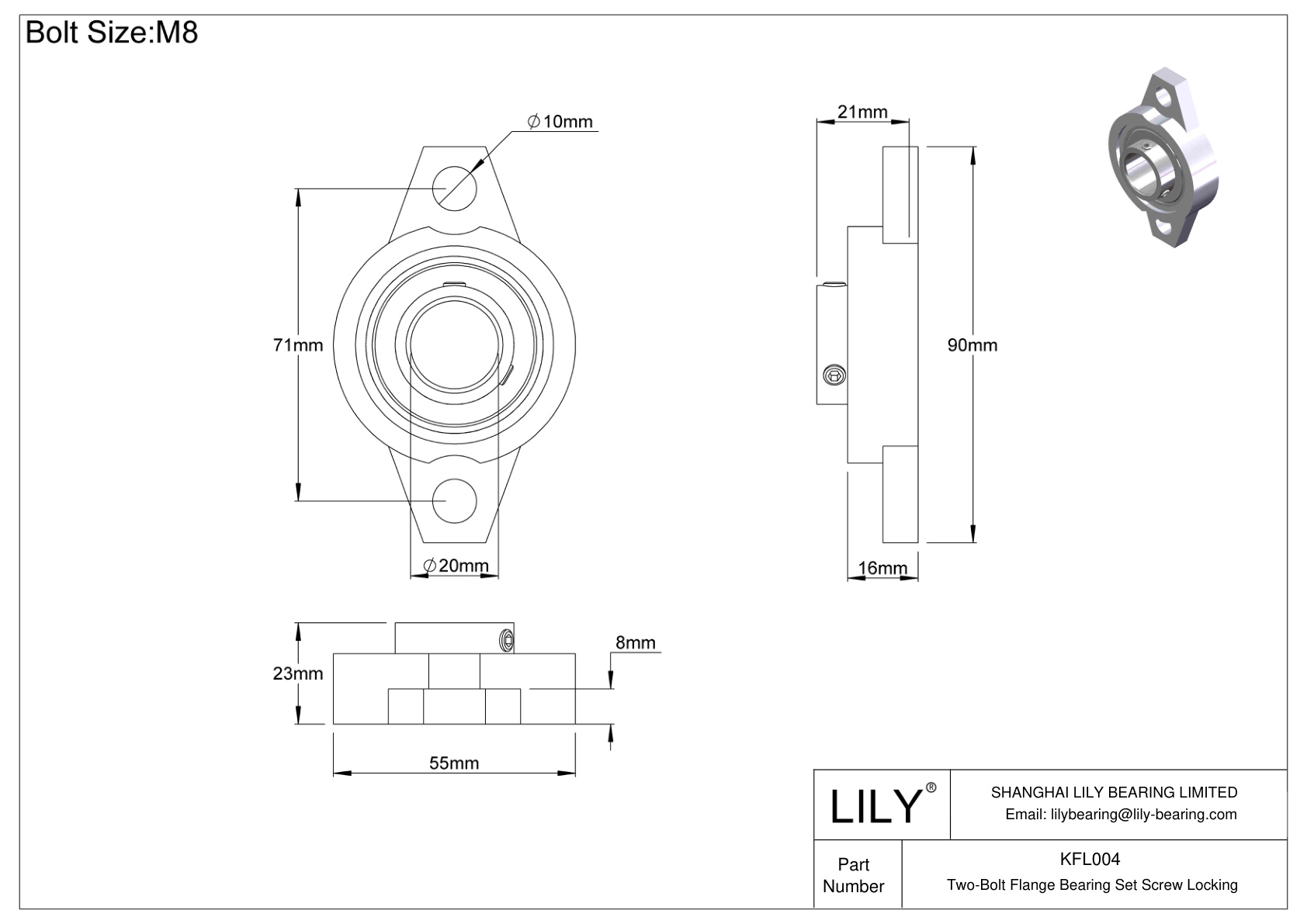 KFL004 Two-Bolt Flange Bearing Set Screw Locking cad drawing