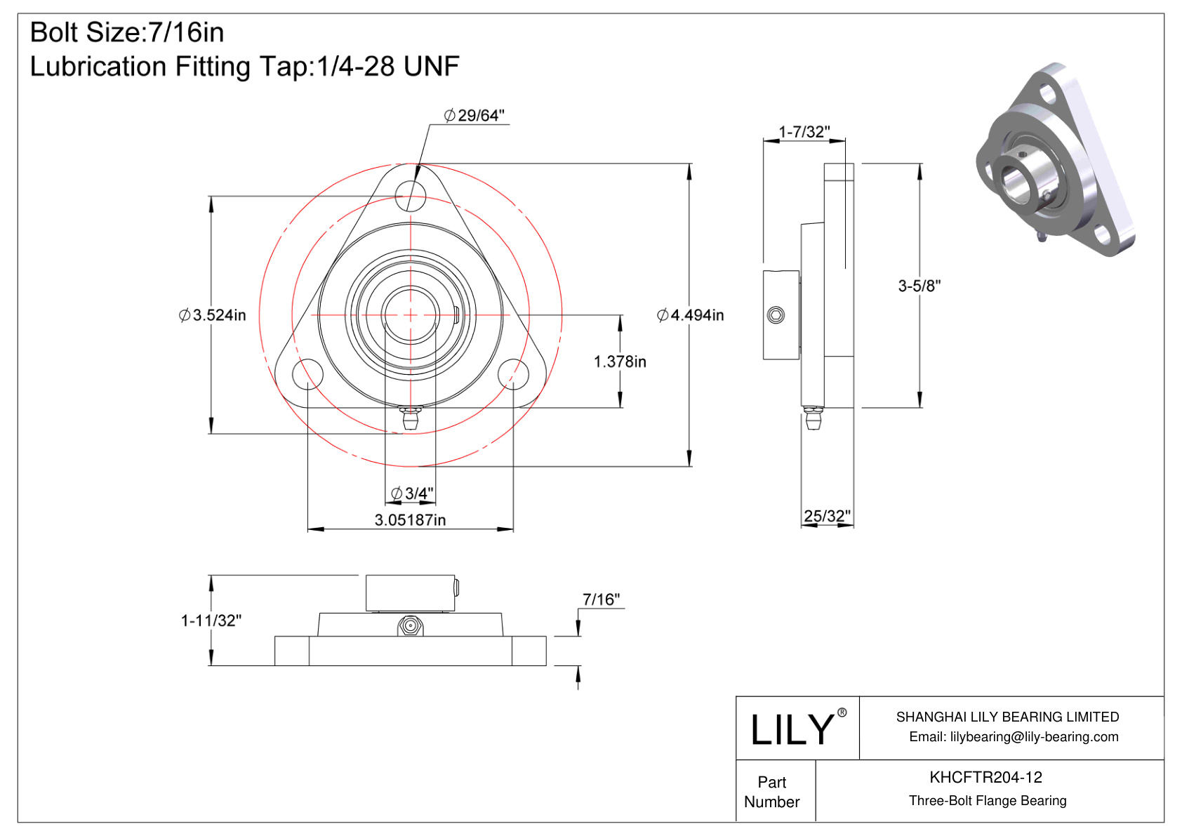 KHCFTR204-12 Three-Bolt Flange Bearing Eccentric Collar Locking cad drawing