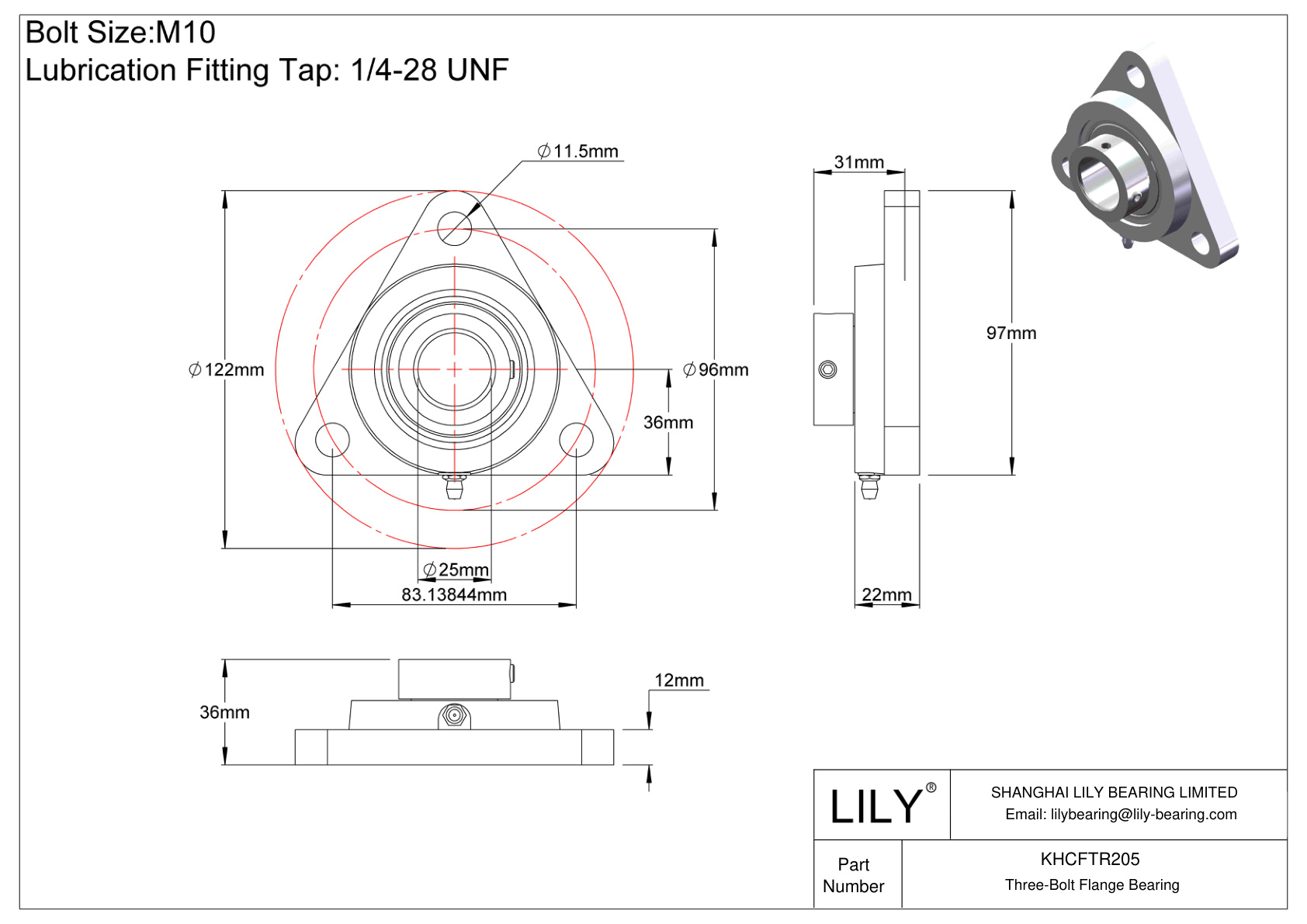 KHCFTR205 Three-Bolt Flange Bearing Eccentric Collar Locking cad drawing