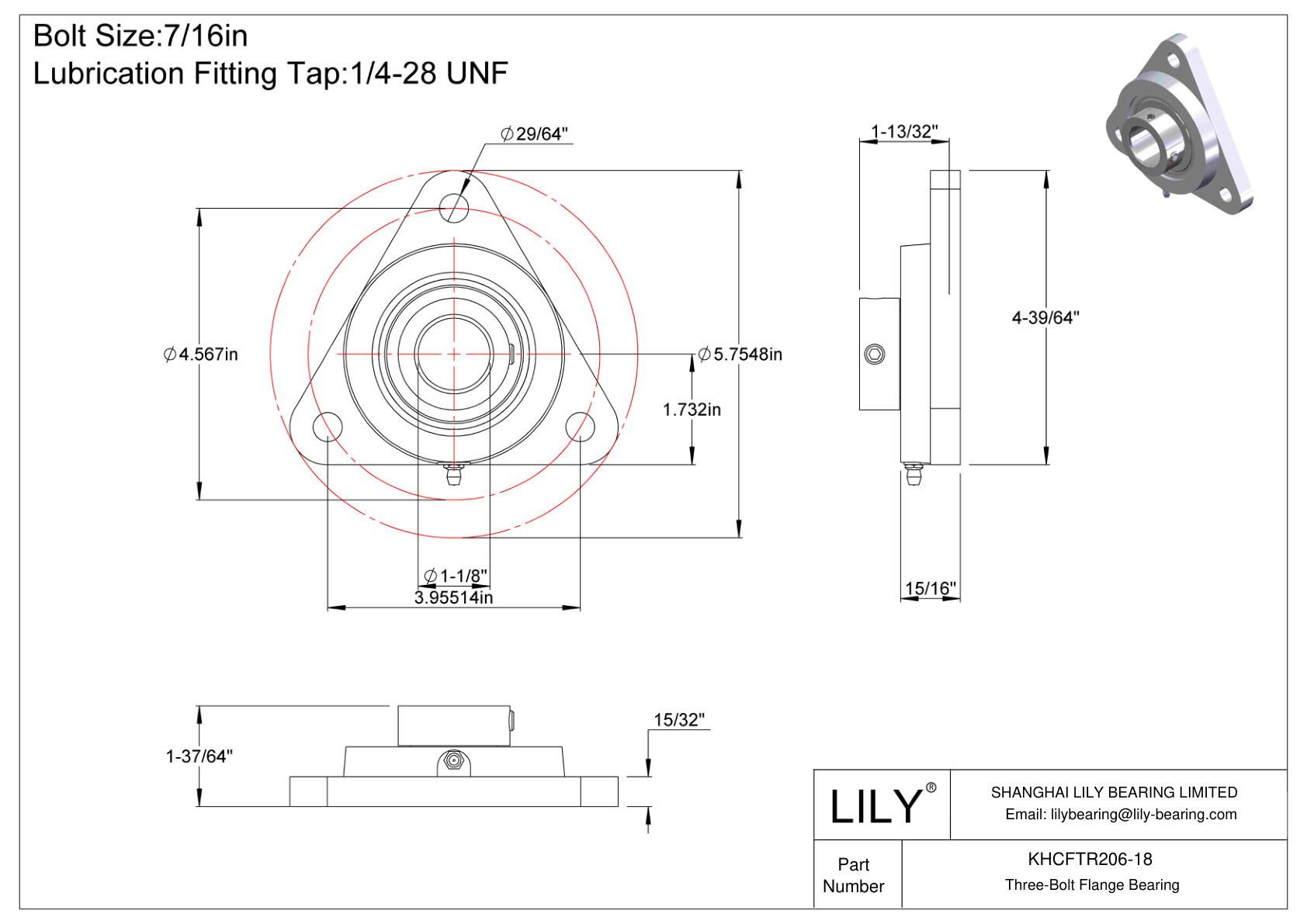 KHCFTR206-18 Cojinete de brida de tres tornillos Bloqueo de collar excéntrico cad drawing