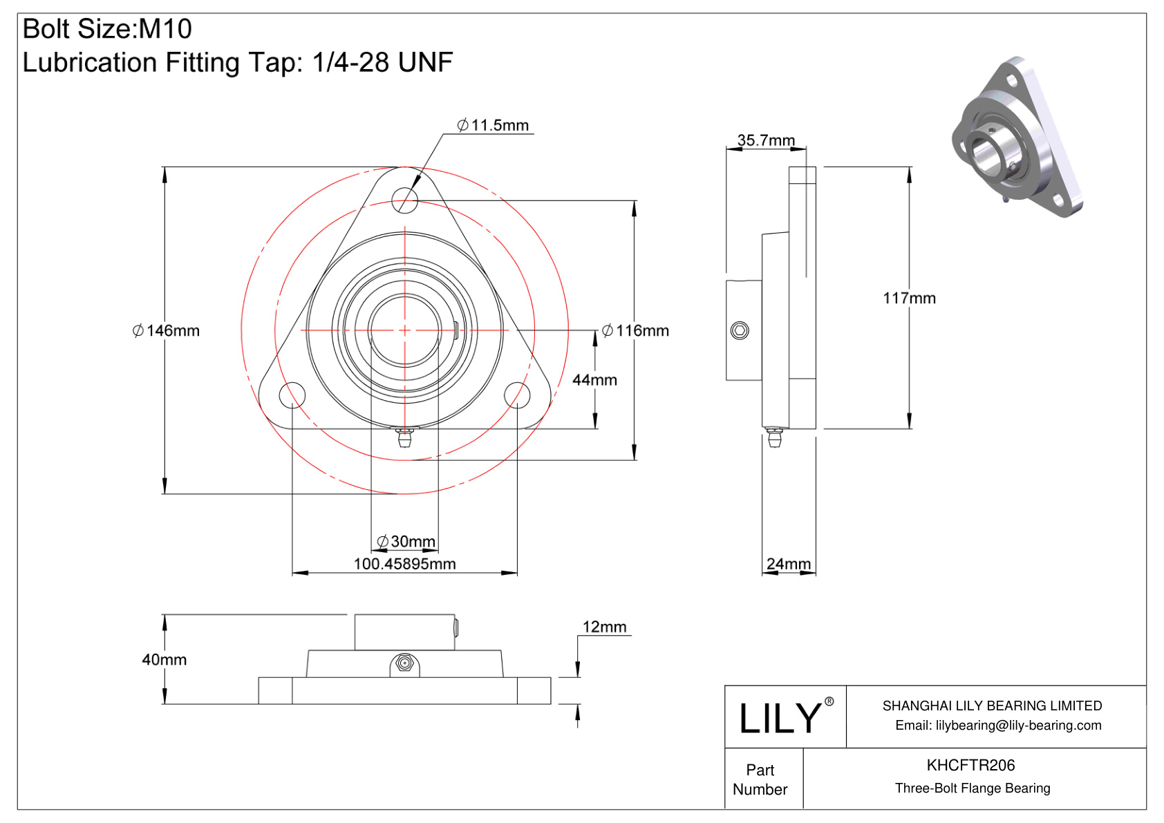 KHCFTR206 Three-Bolt Flange Bearing Eccentric Collar Locking cad drawing