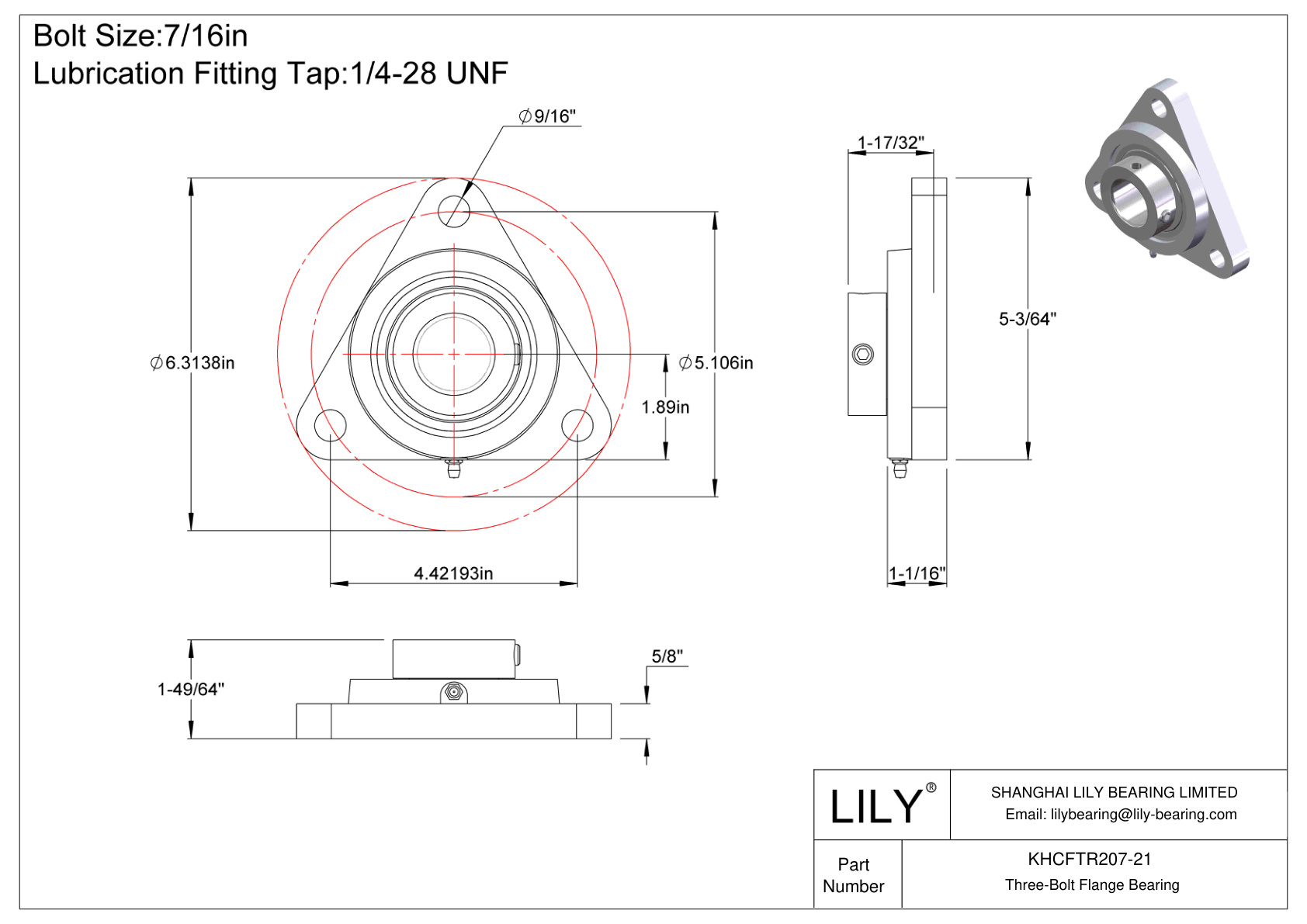 KHCFTR207-21 Three-Bolt Flange Bearing Eccentric Collar Locking cad drawing