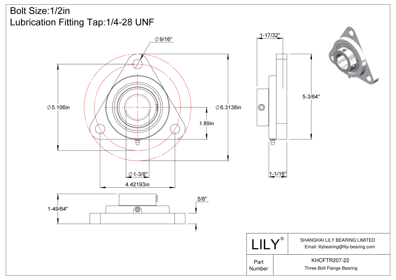 KHCFTR207-22 Three-Bolt Flange Bearing Eccentric Collar Locking cad drawing