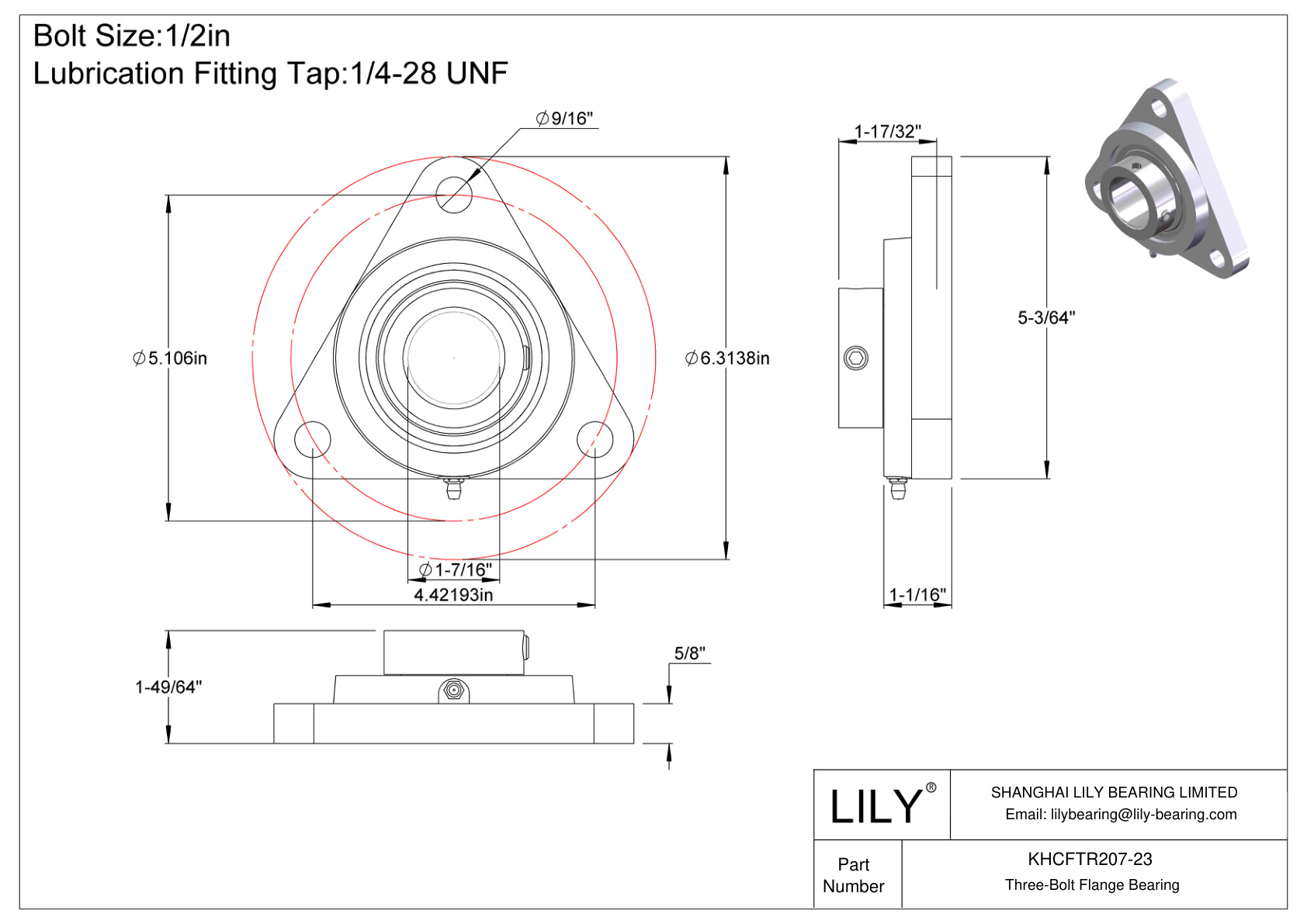 KHCFTR207-23 Three-Bolt Flange Bearing Eccentric Collar Locking cad drawing