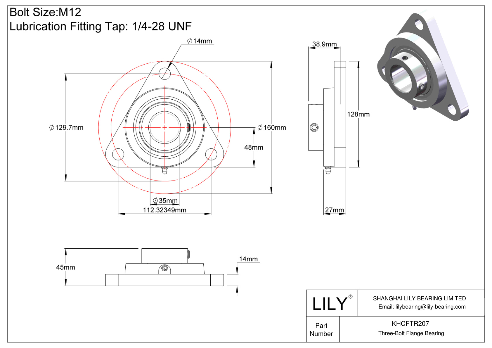 KHCFTR207 Three-Bolt Flange Bearing Eccentric Collar Locking cad drawing