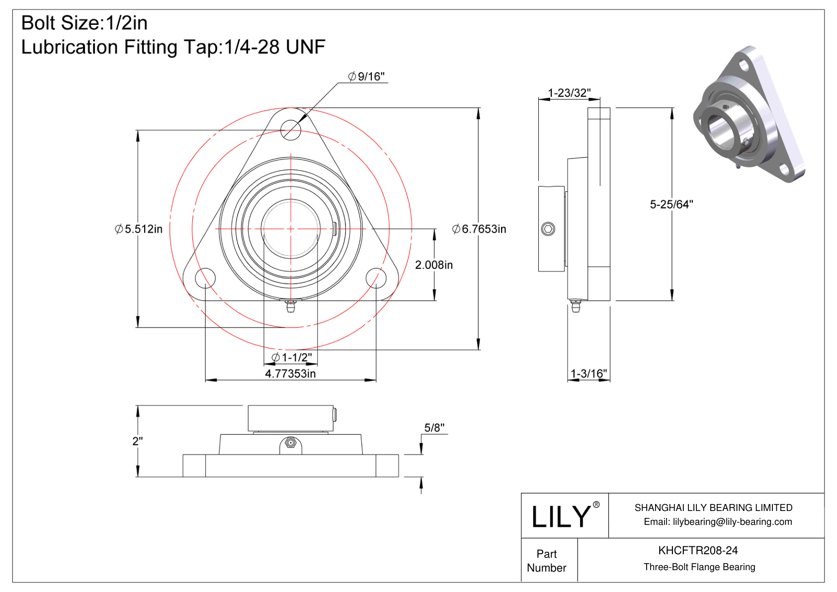 KHCFTR208-24 Three-Bolt Flange Bearing Eccentric Collar Locking cad drawing