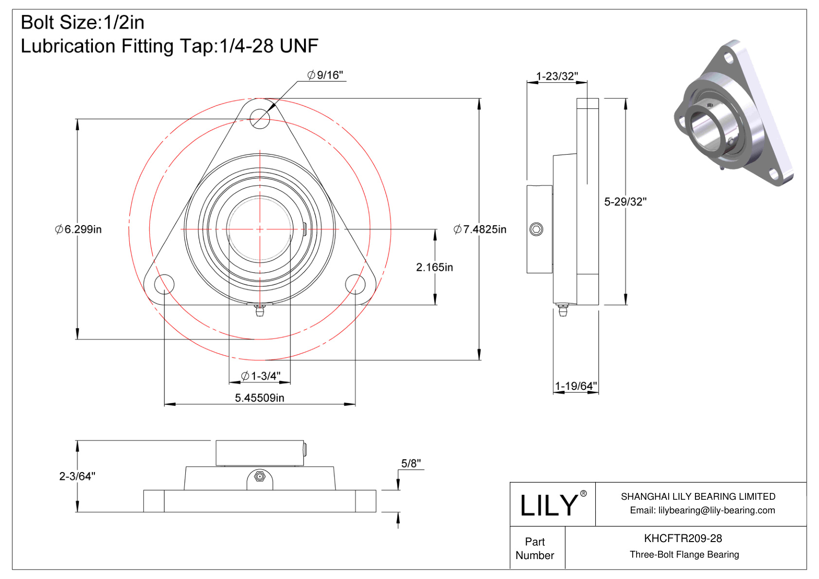 KHCFTR209-28 Three-Bolt Flange Bearing Eccentric Collar Locking cad drawing