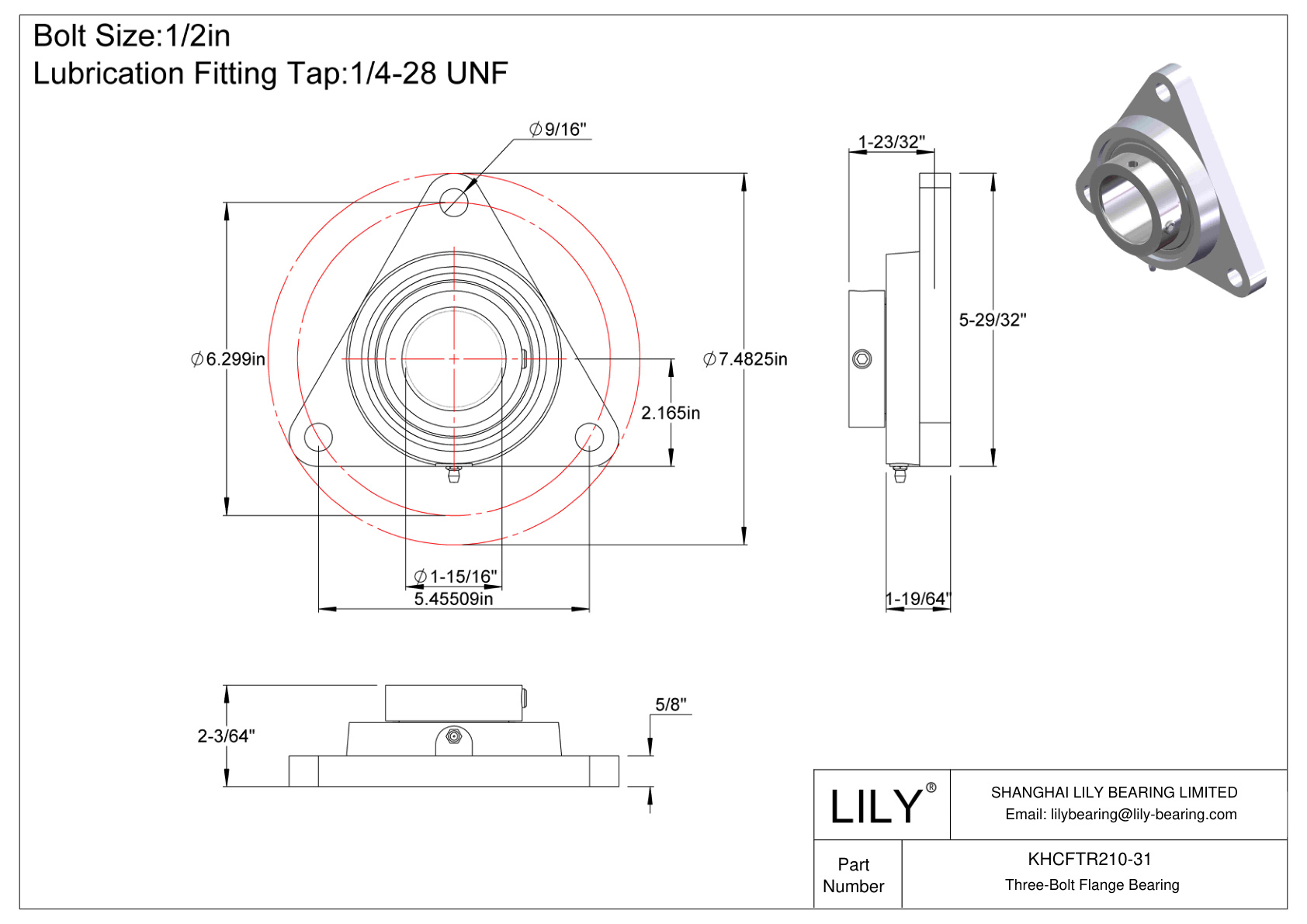 KHCFTR210-31 Three-Bolt Flange Bearing Eccentric Collar Locking cad drawing