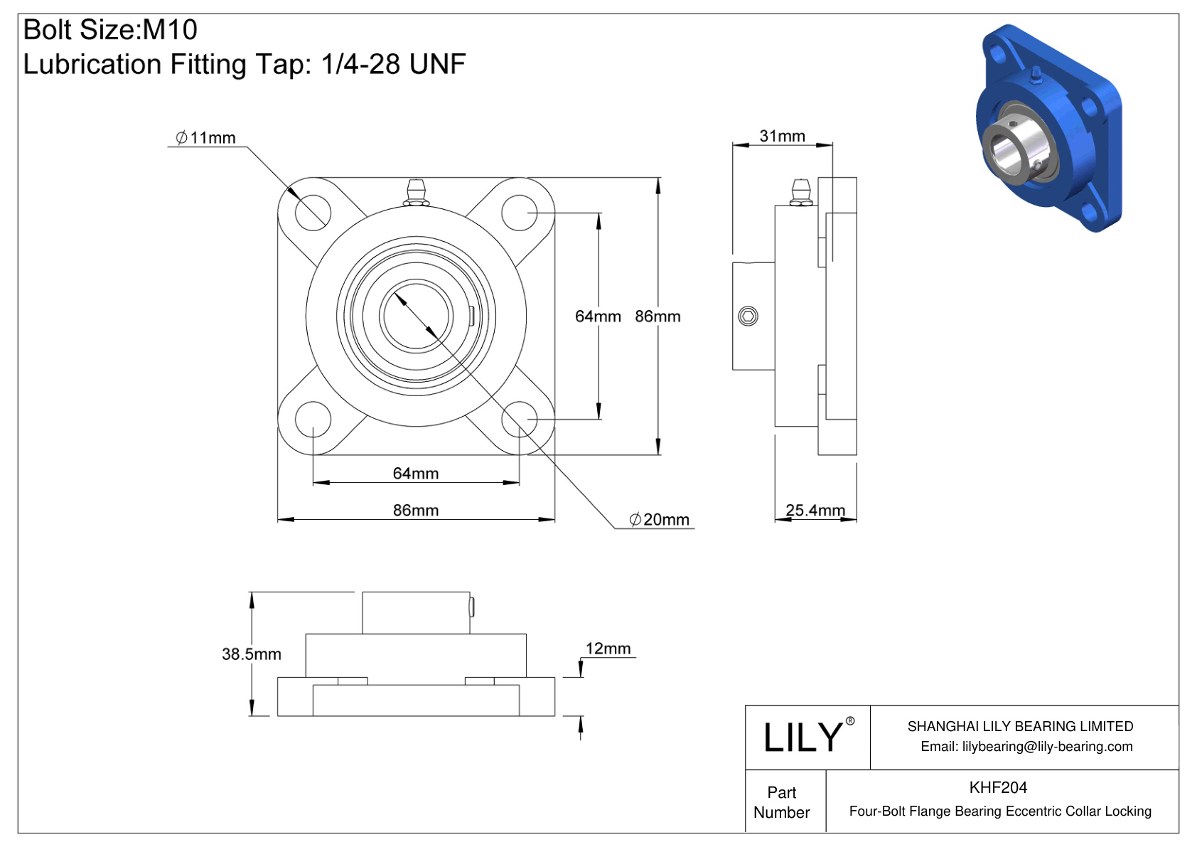 KHF204 Cojinete de brida de cuatro tornillos Bloqueo de collar excéntrico cad drawing