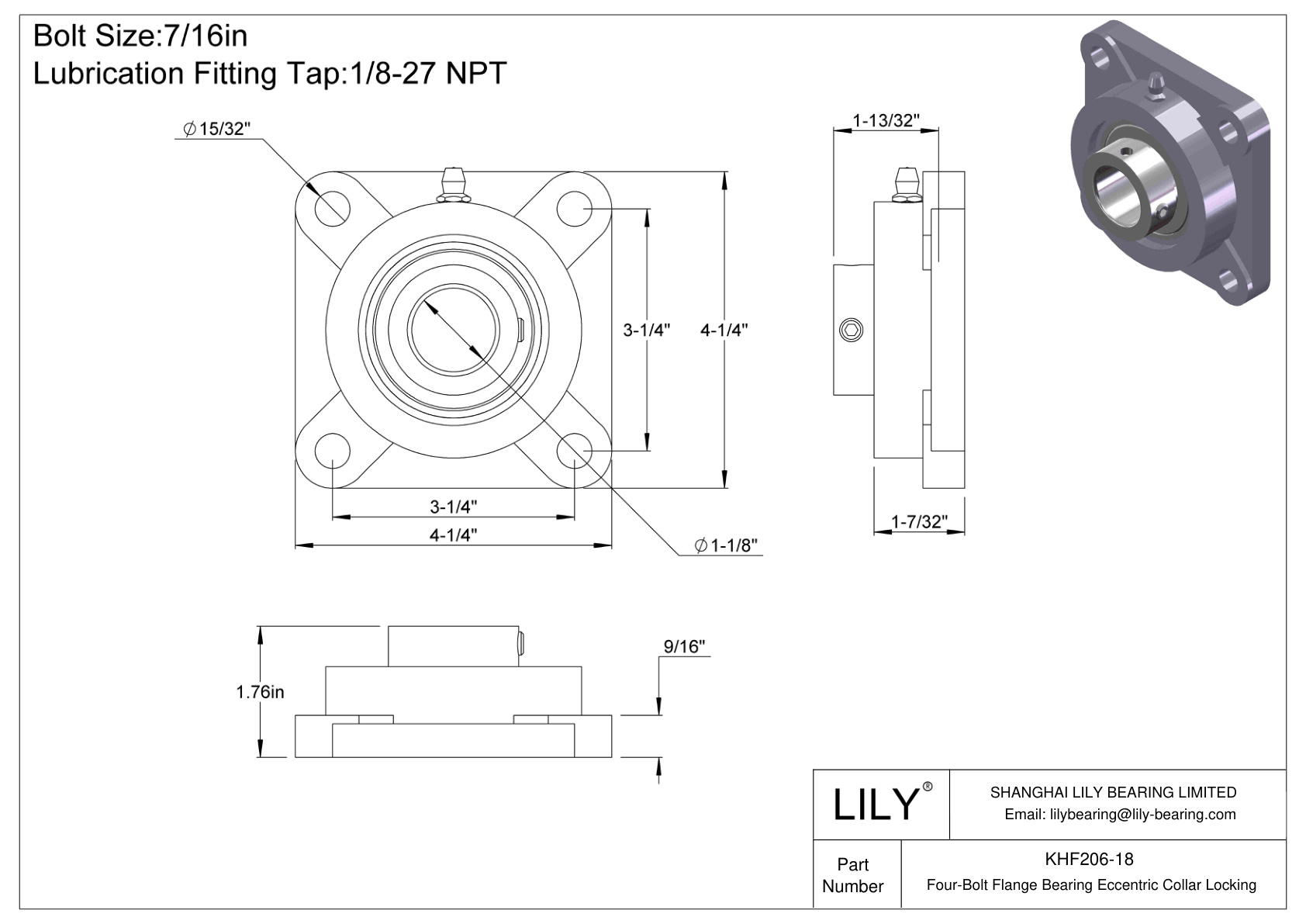 KHF206-18 Cojinete de brida de cuatro tornillos Bloqueo de collar excéntrico cad drawing