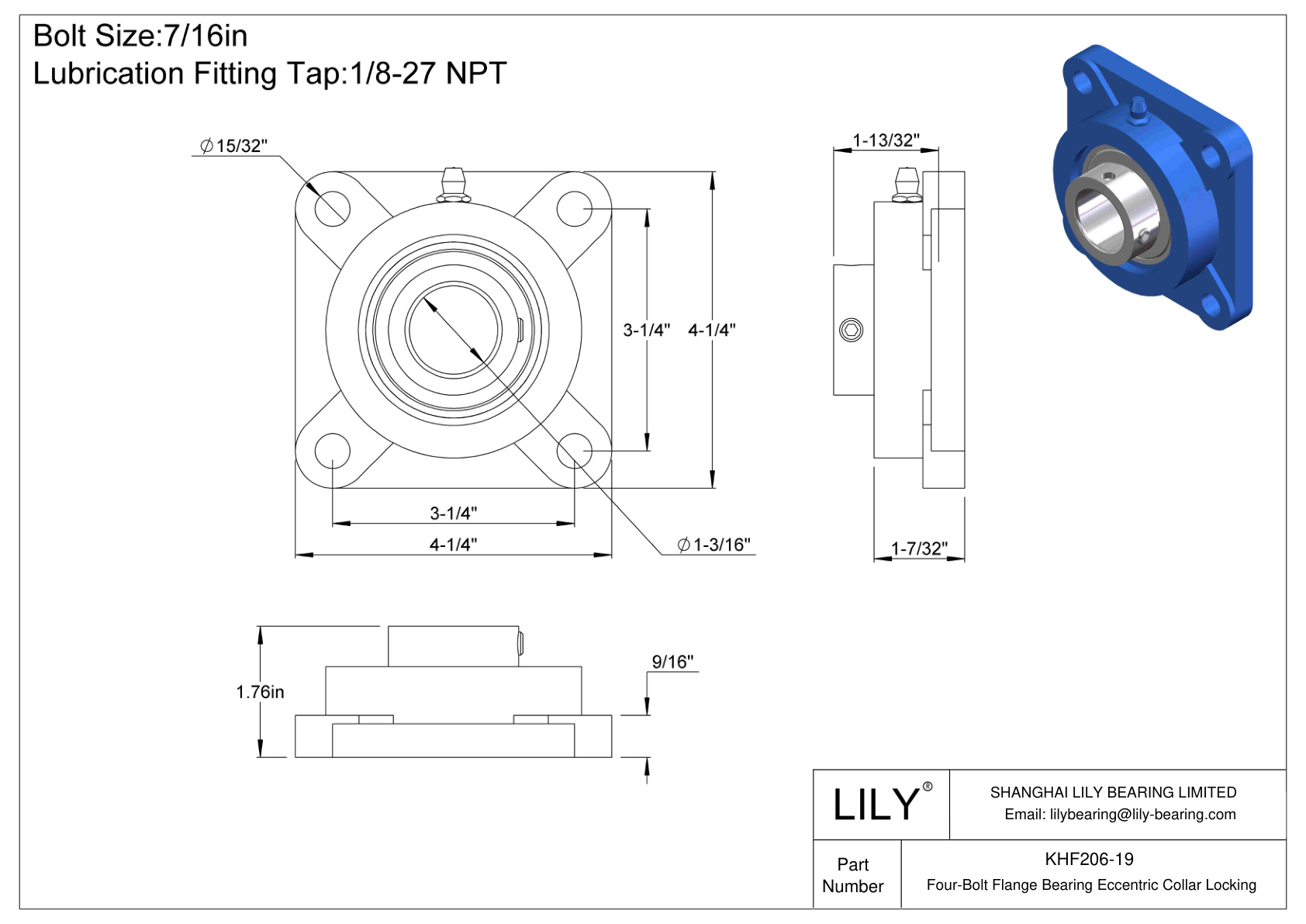 KHF206-19 Cojinete de brida de cuatro tornillos Bloqueo de collar excéntrico cad drawing