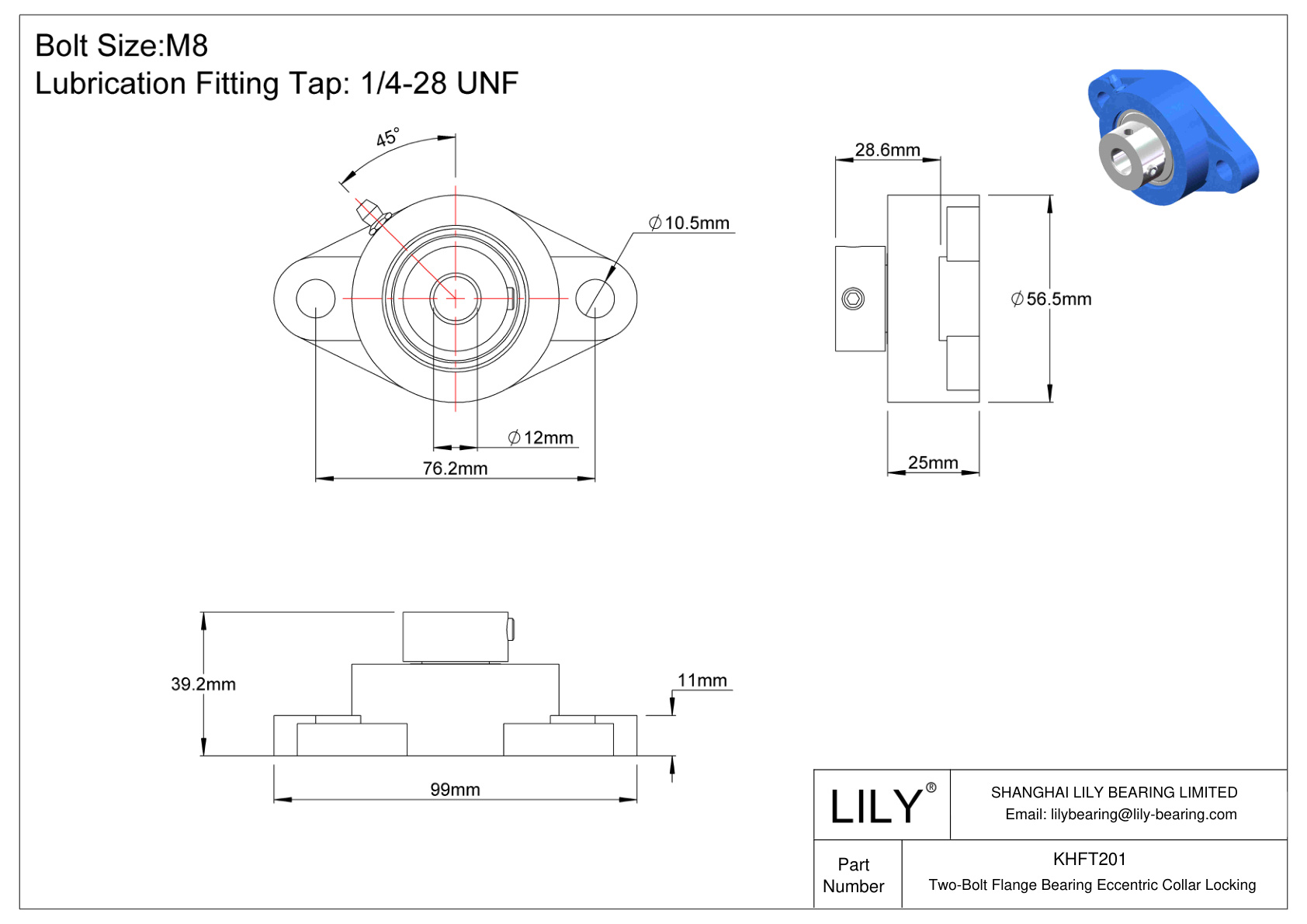 KHFT201 Cojinete de brida de dos pernos Bloqueo de collar excéntrico cad drawing