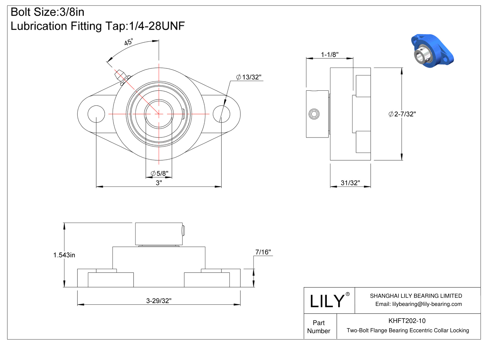 KHFT202-10 Cojinete de brida de dos pernos Bloqueo de collar excéntrico cad drawing