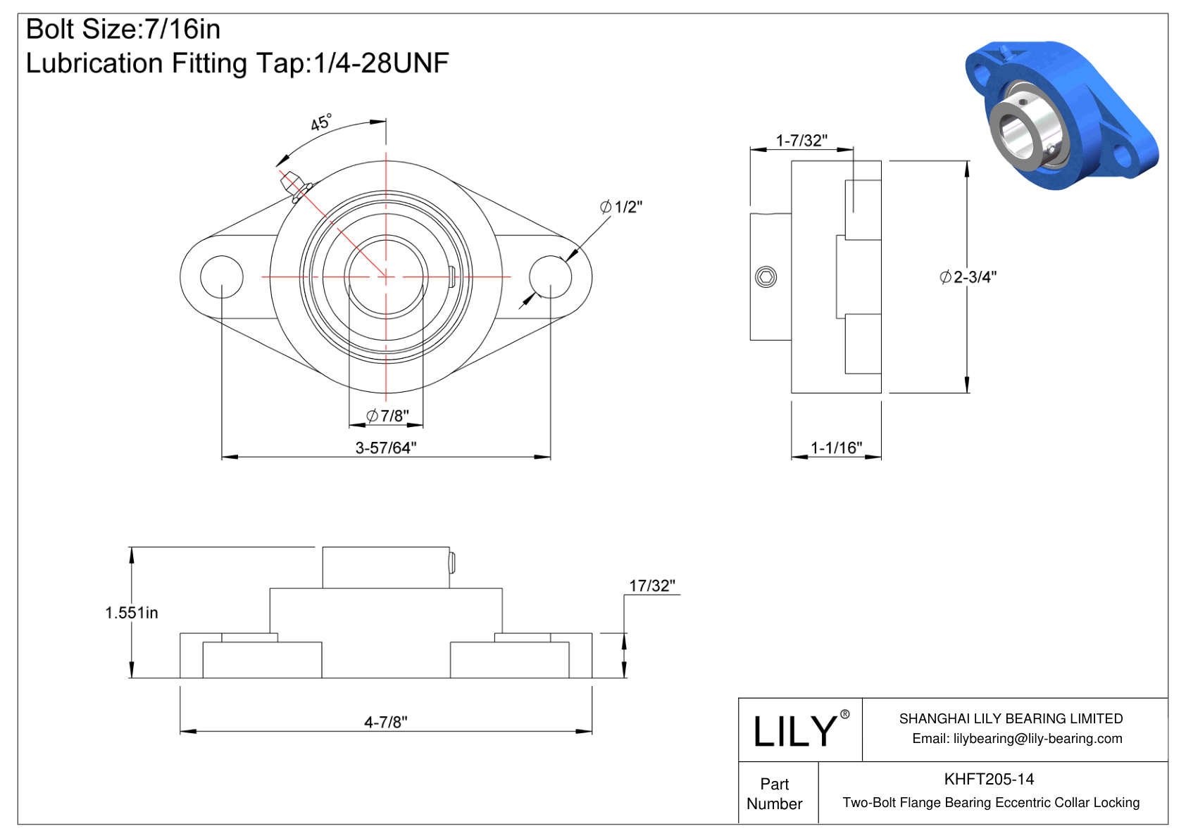 KHFT205-14 Two-Bolt Flange Bearing Eccentric Collar Locking cad drawing