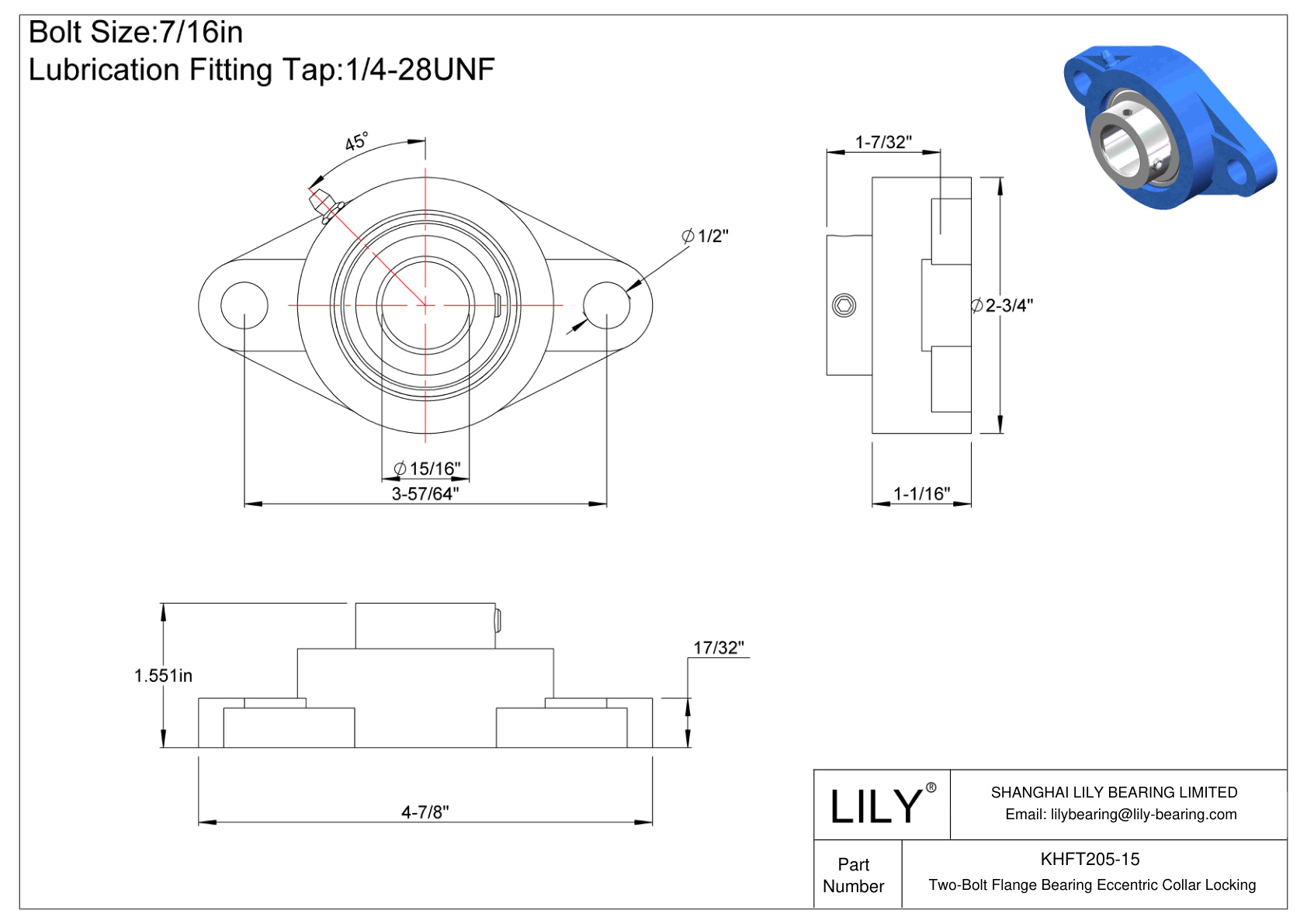 KHFT205-15 Cojinete de brida de dos pernos Bloqueo de collar excéntrico cad drawing