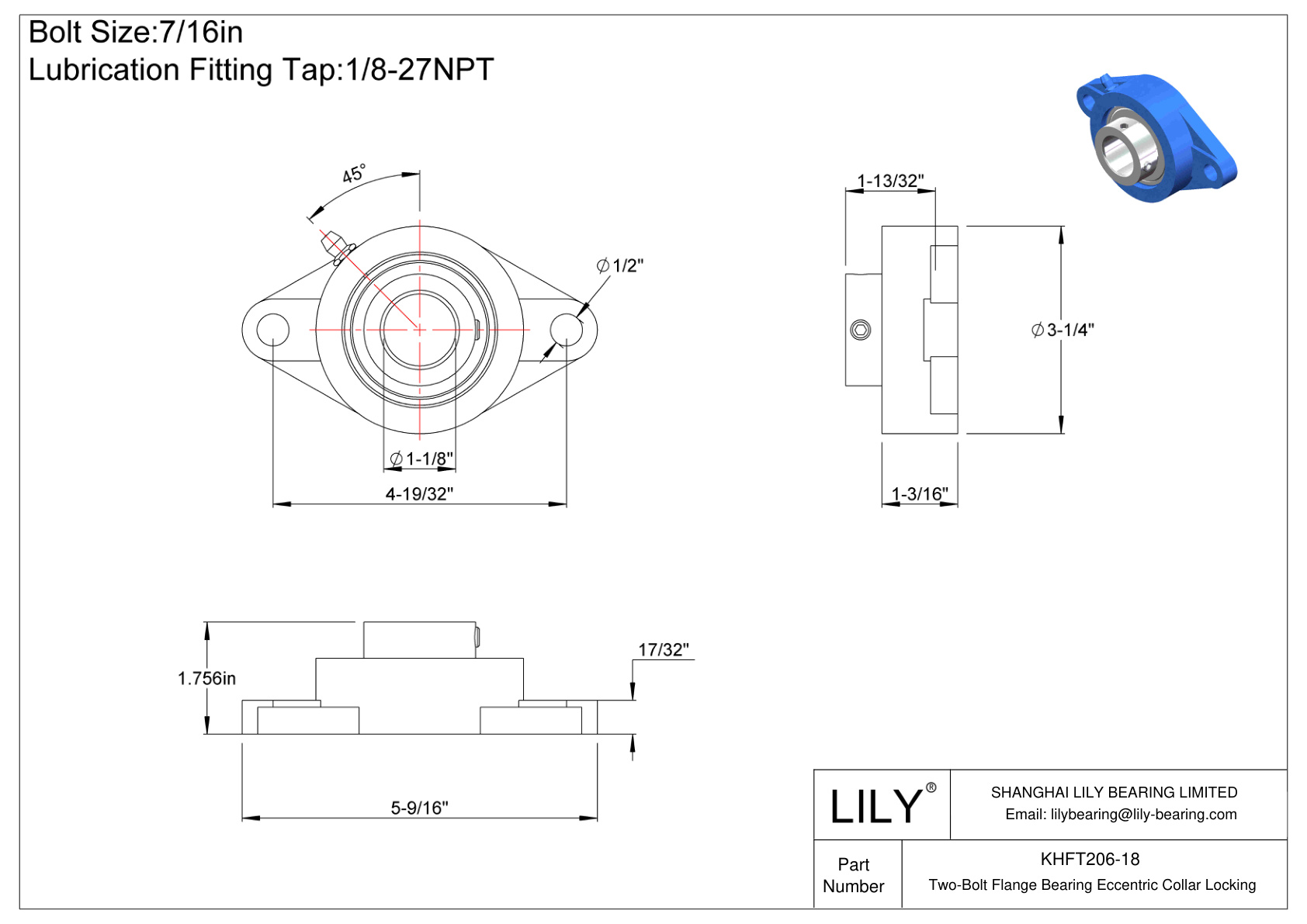 KHFT206-18 Cojinete de brida de dos pernos Bloqueo de collar excéntrico cad drawing