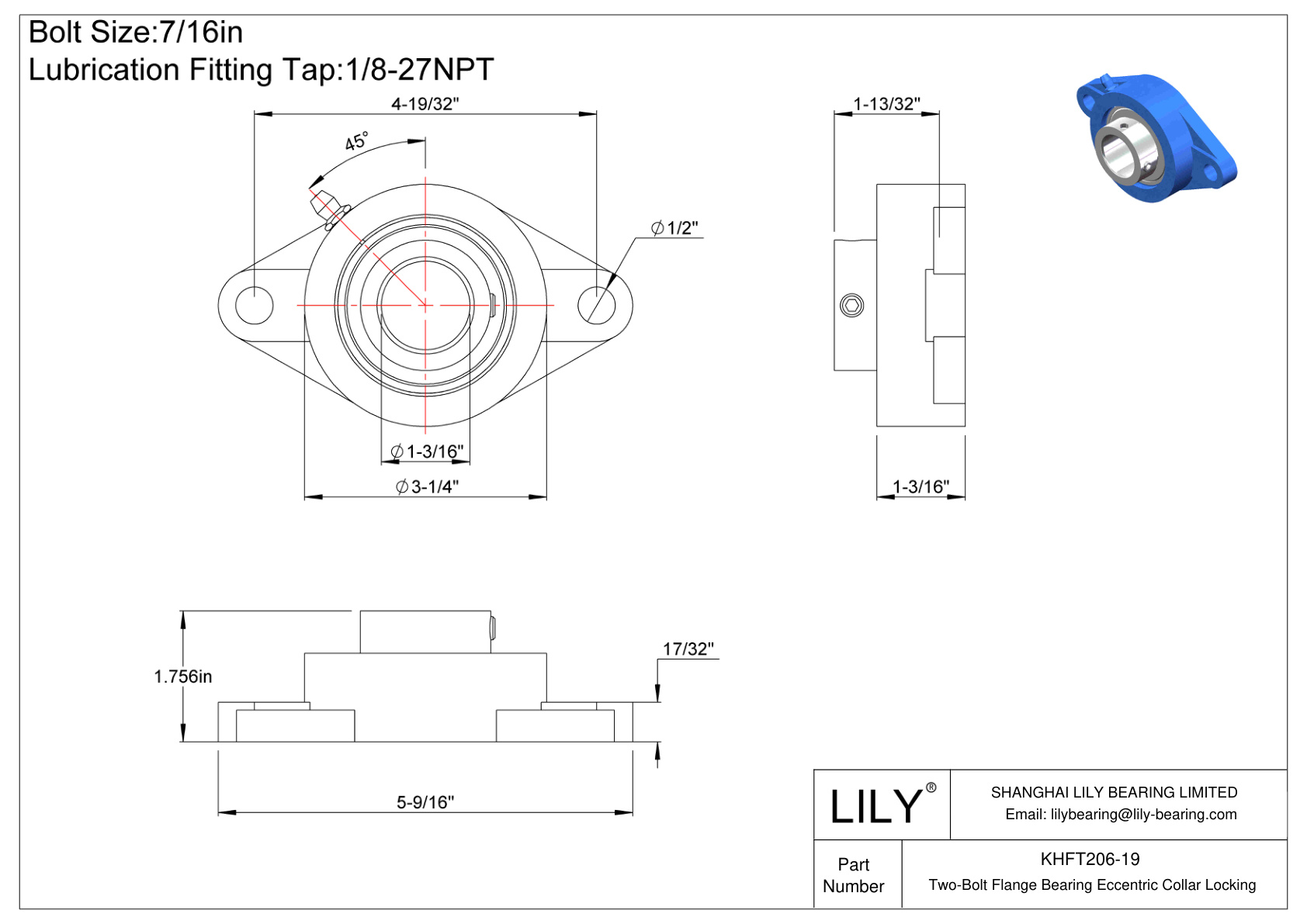 KHFT206-19 Two-Bolt Flange Bearing Eccentric Collar Locking cad drawing