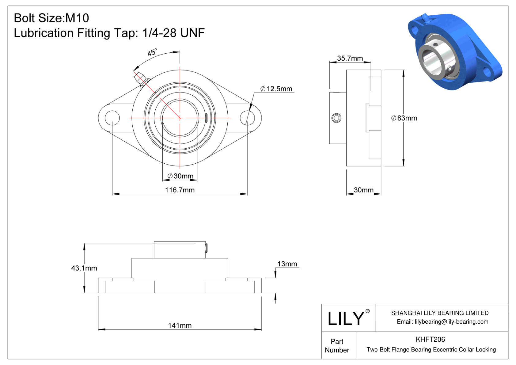 KHFT206 Cojinete de brida de dos pernos Bloqueo de collar excéntrico cad drawing