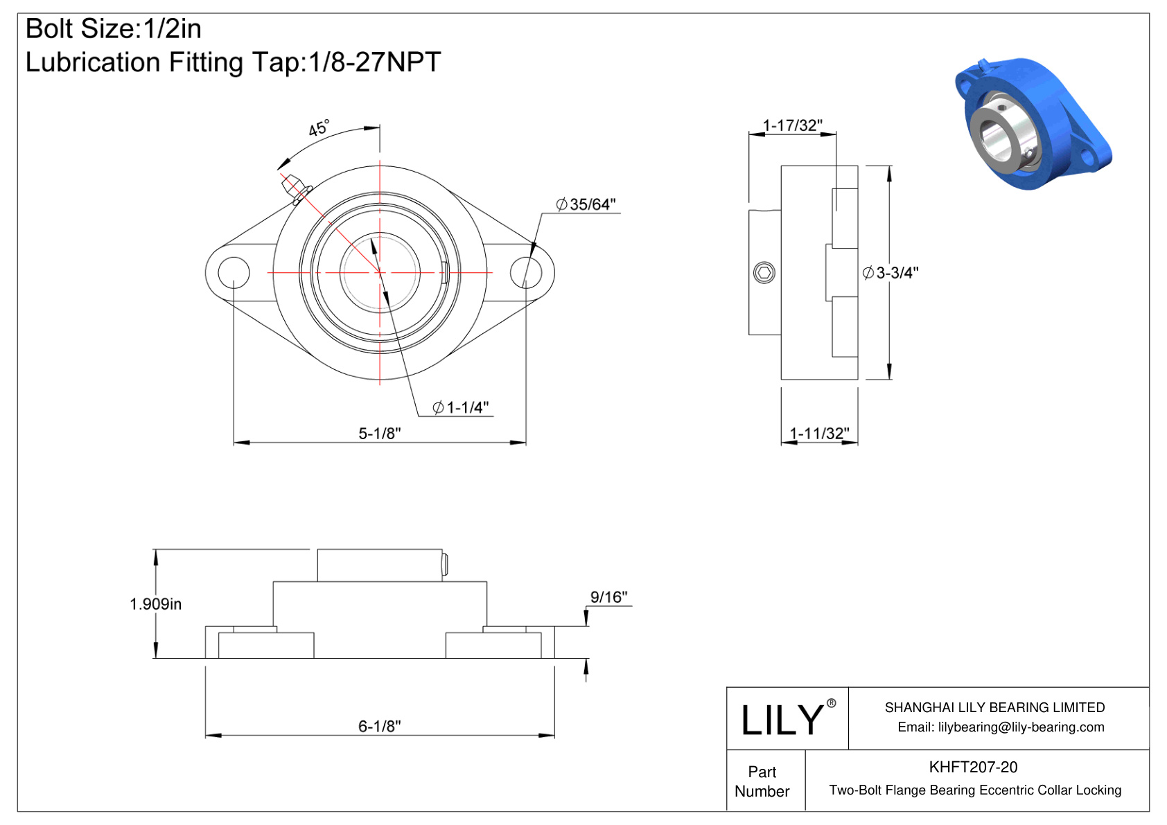 KHFT207-20 Cojinete de brida de dos pernos Bloqueo de collar excéntrico cad drawing