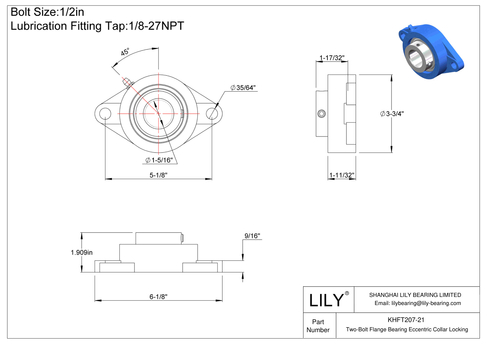 KHFT207-21 Cojinete de brida de dos pernos Bloqueo de collar excéntrico cad drawing