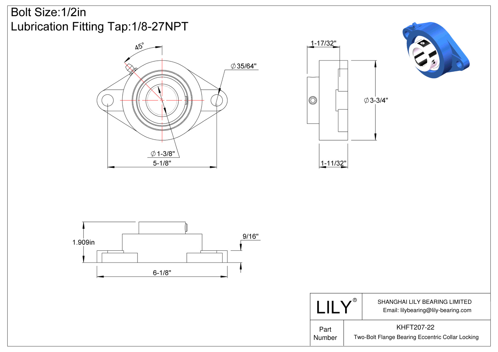 KHFT207-22 Two-Bolt Flange Bearing Eccentric Collar Locking cad drawing