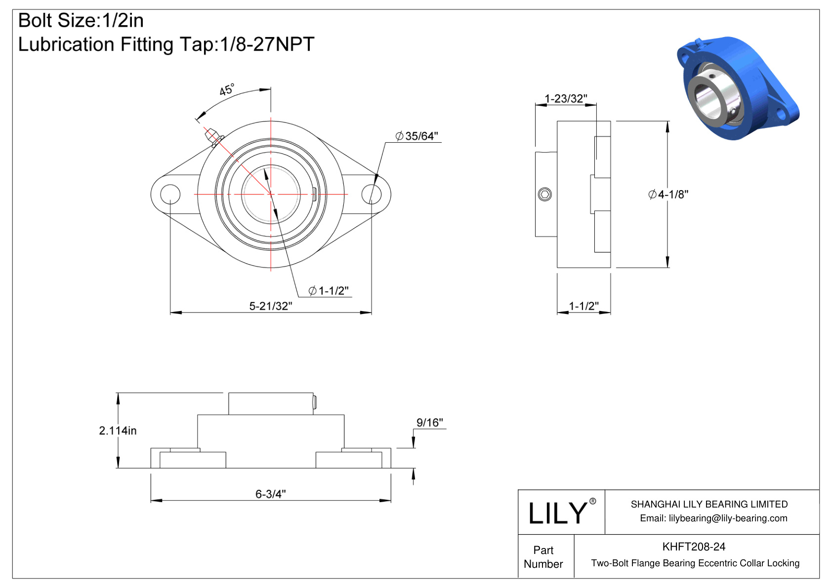 KHFT208-24 Two-Bolt Flange Bearing Eccentric Collar Locking cad drawing