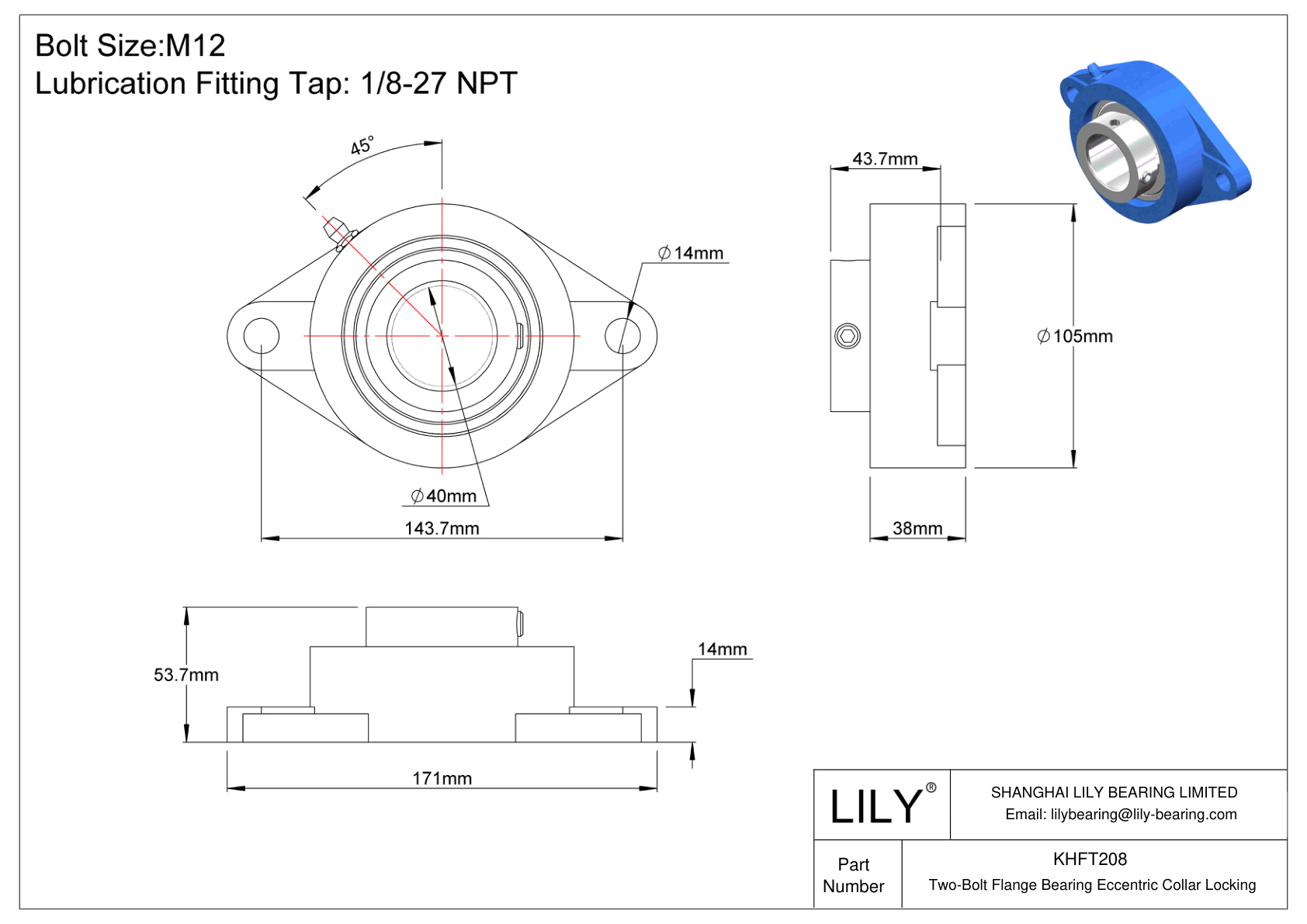 KHFT208 Two-Bolt Flange Bearing Eccentric Collar Locking cad drawing