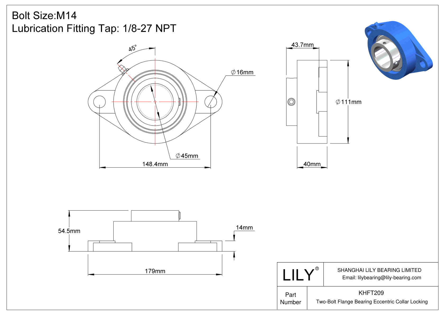 KHFT209 Cojinete de brida de dos pernos Bloqueo de collar excéntrico cad drawing